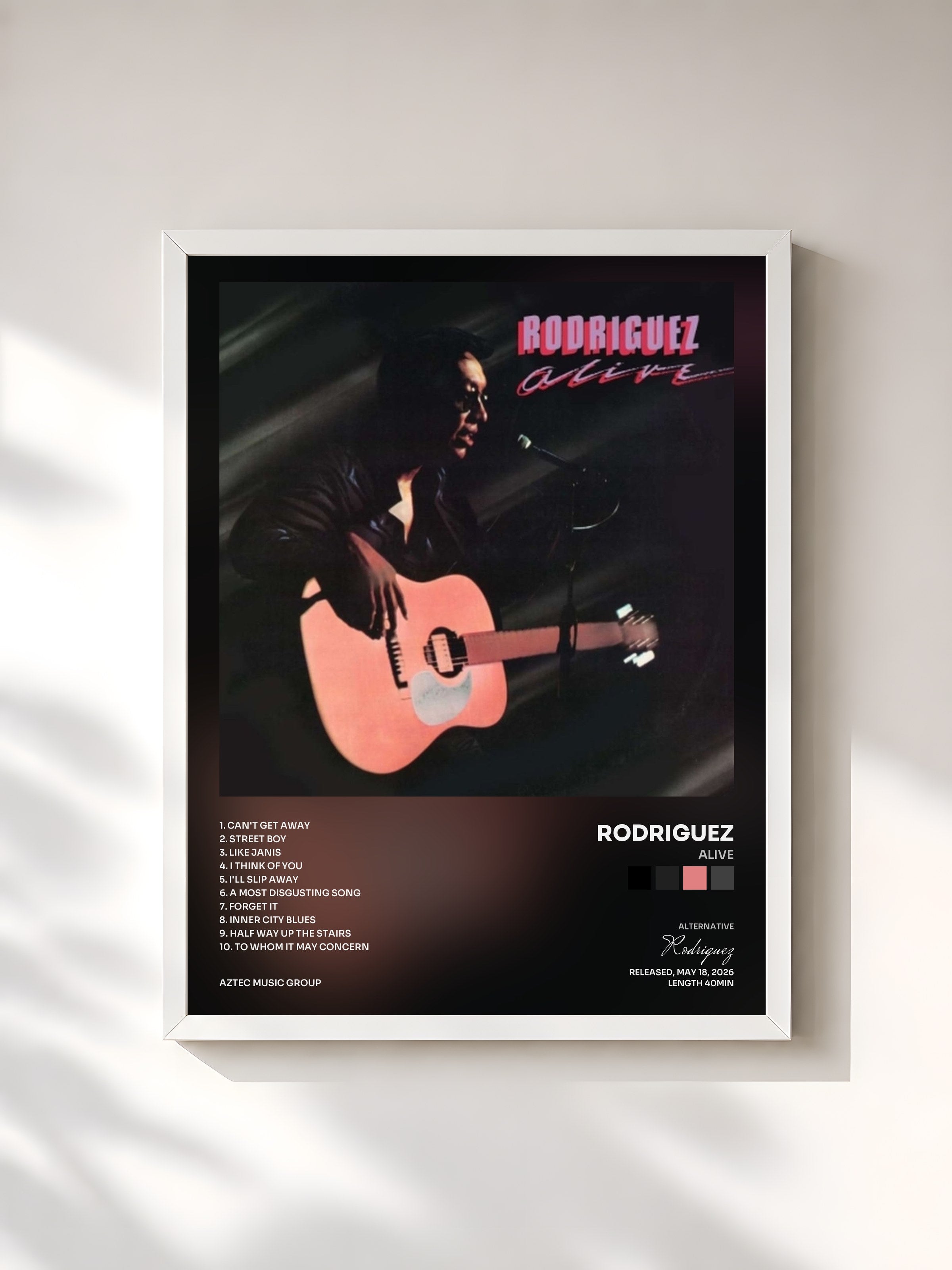 #blanc Tableau de l'album Alive de Rodriguez, cadre blanc, imprimé et encadré en France