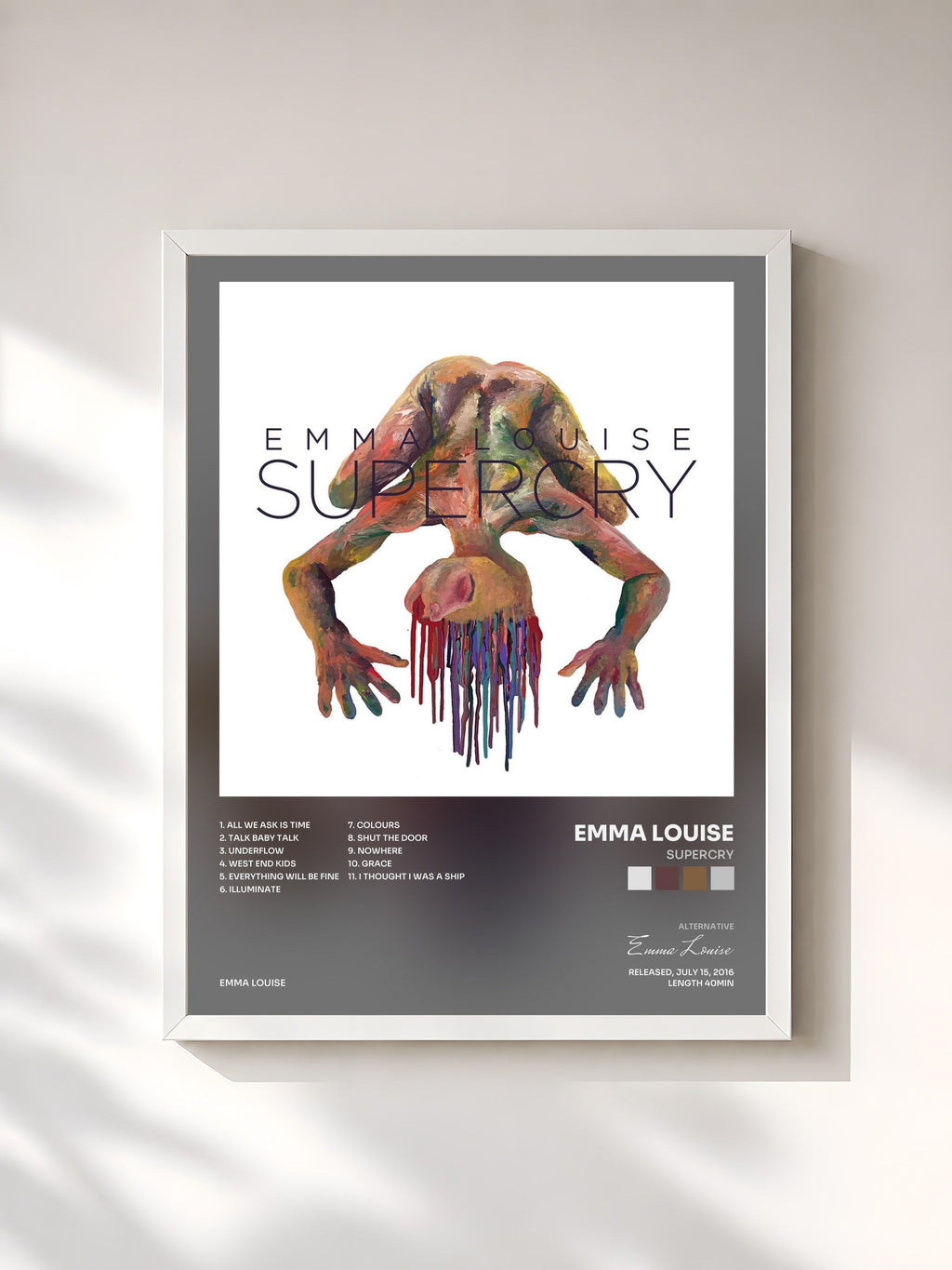 #blanc Tableau de l'album Supercry de Emma Louise, cadre blanc, imprimé et encadré en France