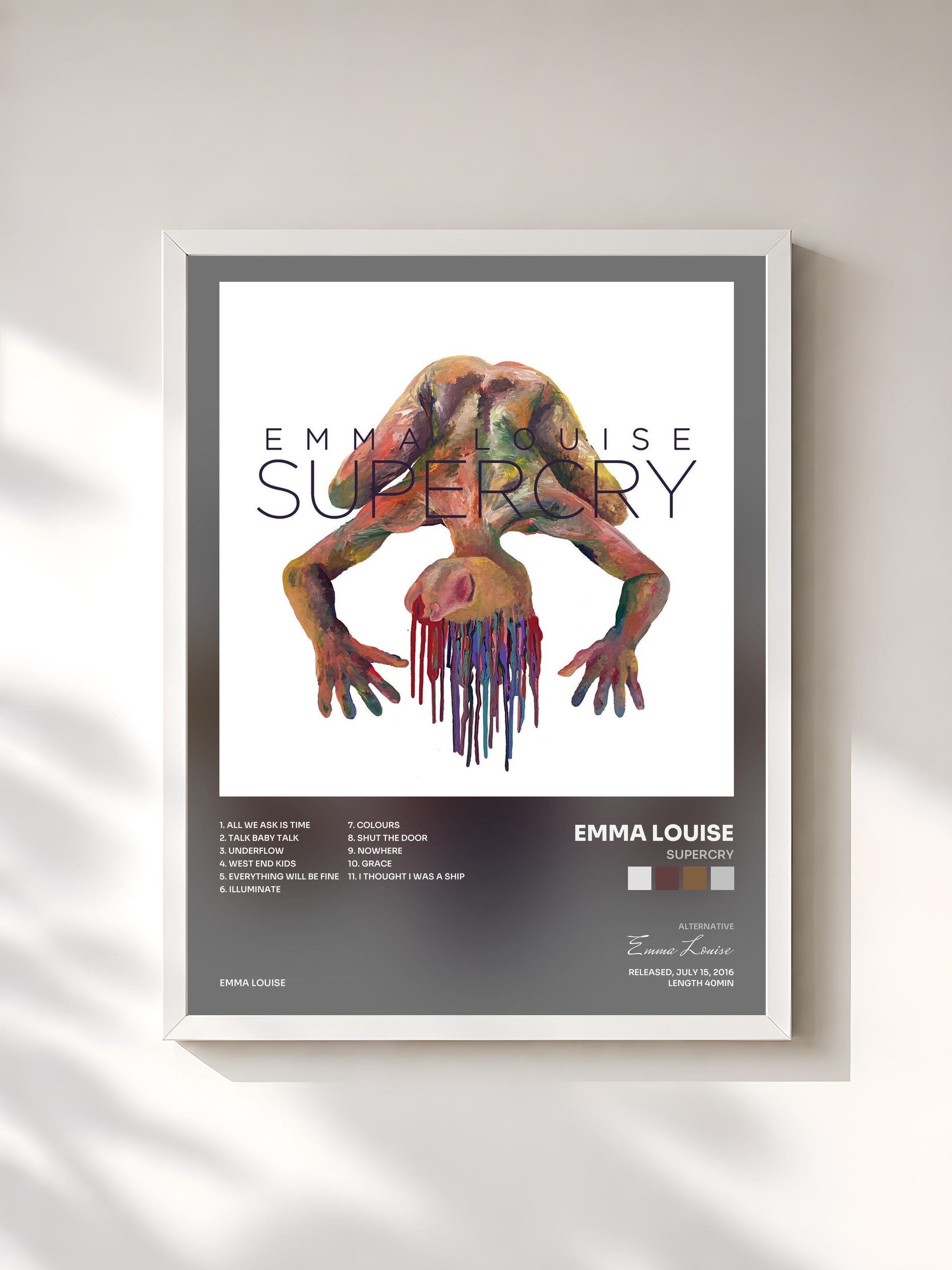 #blanc Tableau de l'album Supercry de Emma Louise, cadre blanc, imprimé et encadré en France