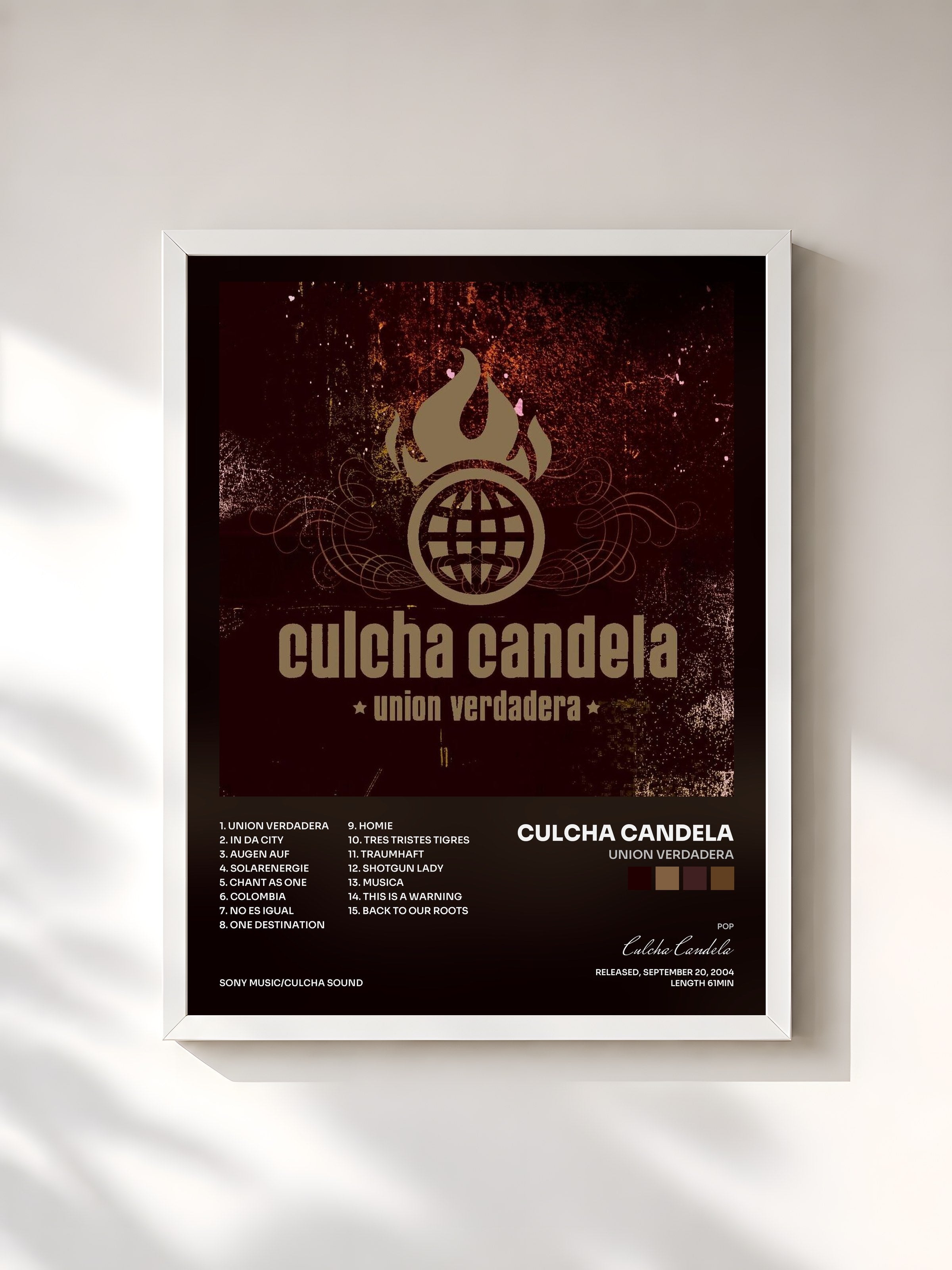 #blanc Tableau de l'album Union Verdadera de Culcha Candela, cadre blanc, imprimé et encadré en France
