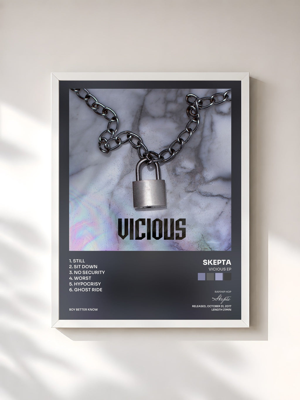 #blanc Tableau de l'album Vicious EP de Skepta, cadre blanc, imprimé et encadré en France