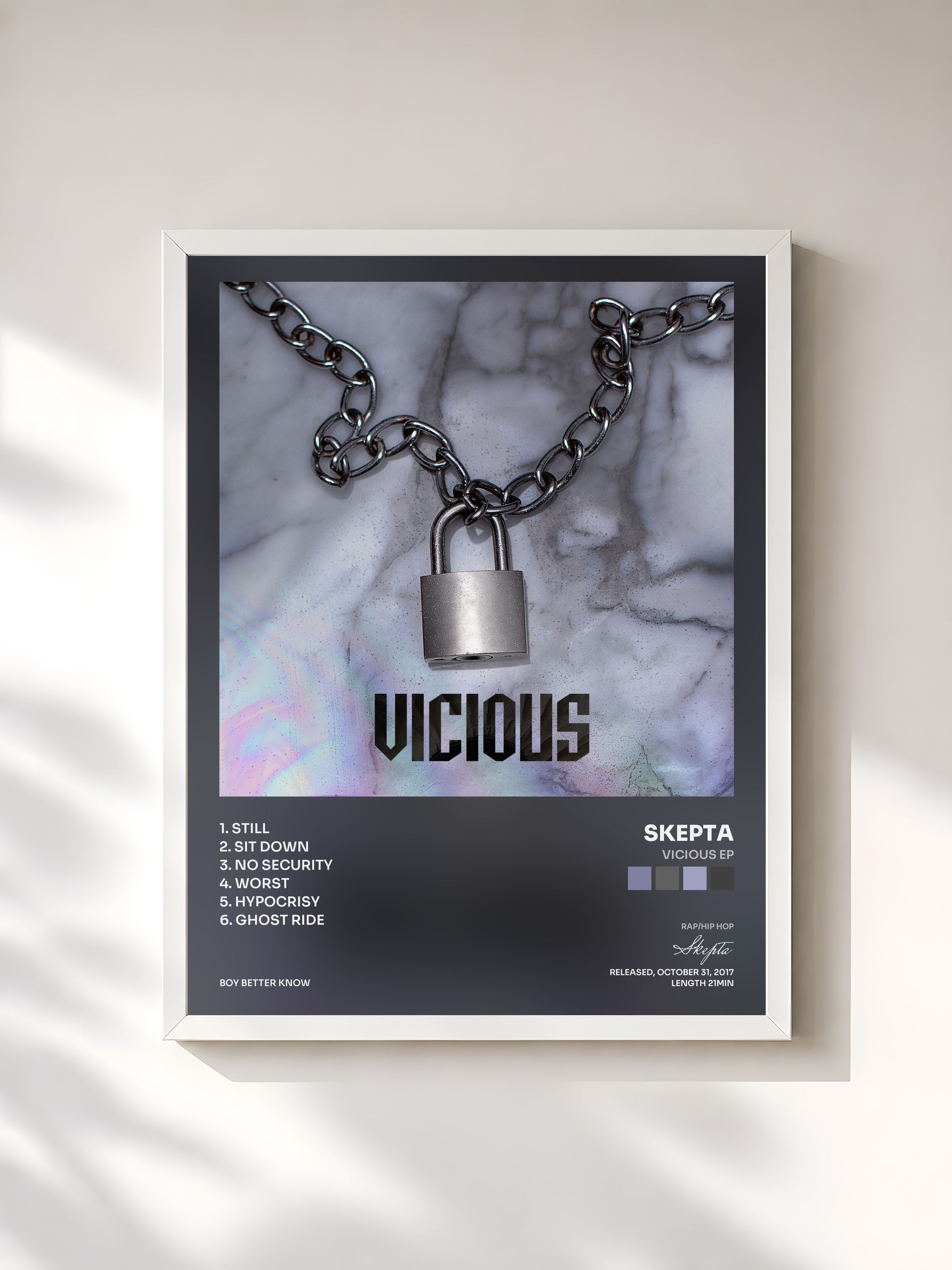 #blanc Tableau de l'album Vicious EP de Skepta, cadre blanc, imprimé et encadré en France