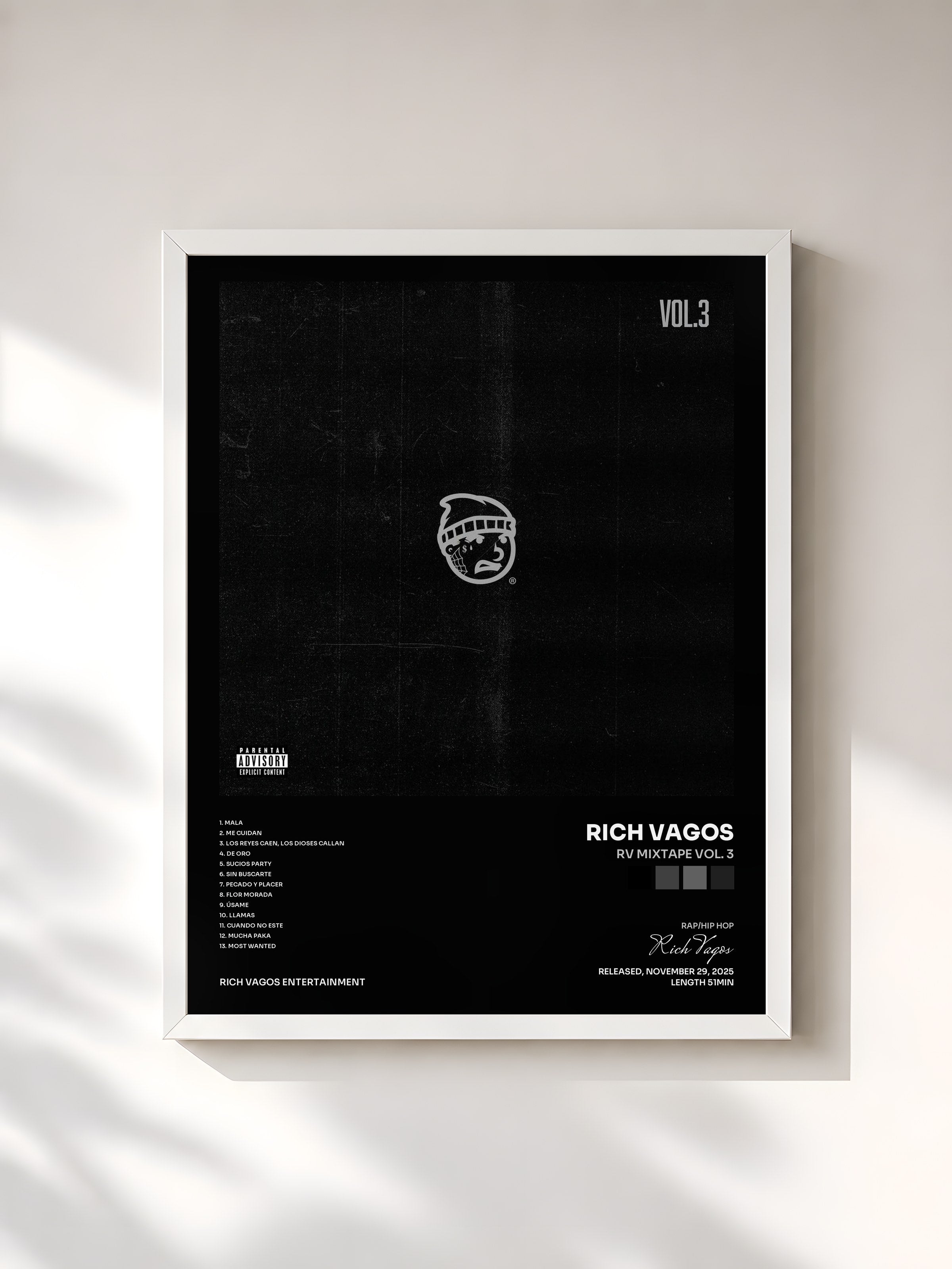 #blanc Tableau de l'album RV Mixtape Vol. 3 de Rich Vagos, cadre blanc, imprimé et encadré en France