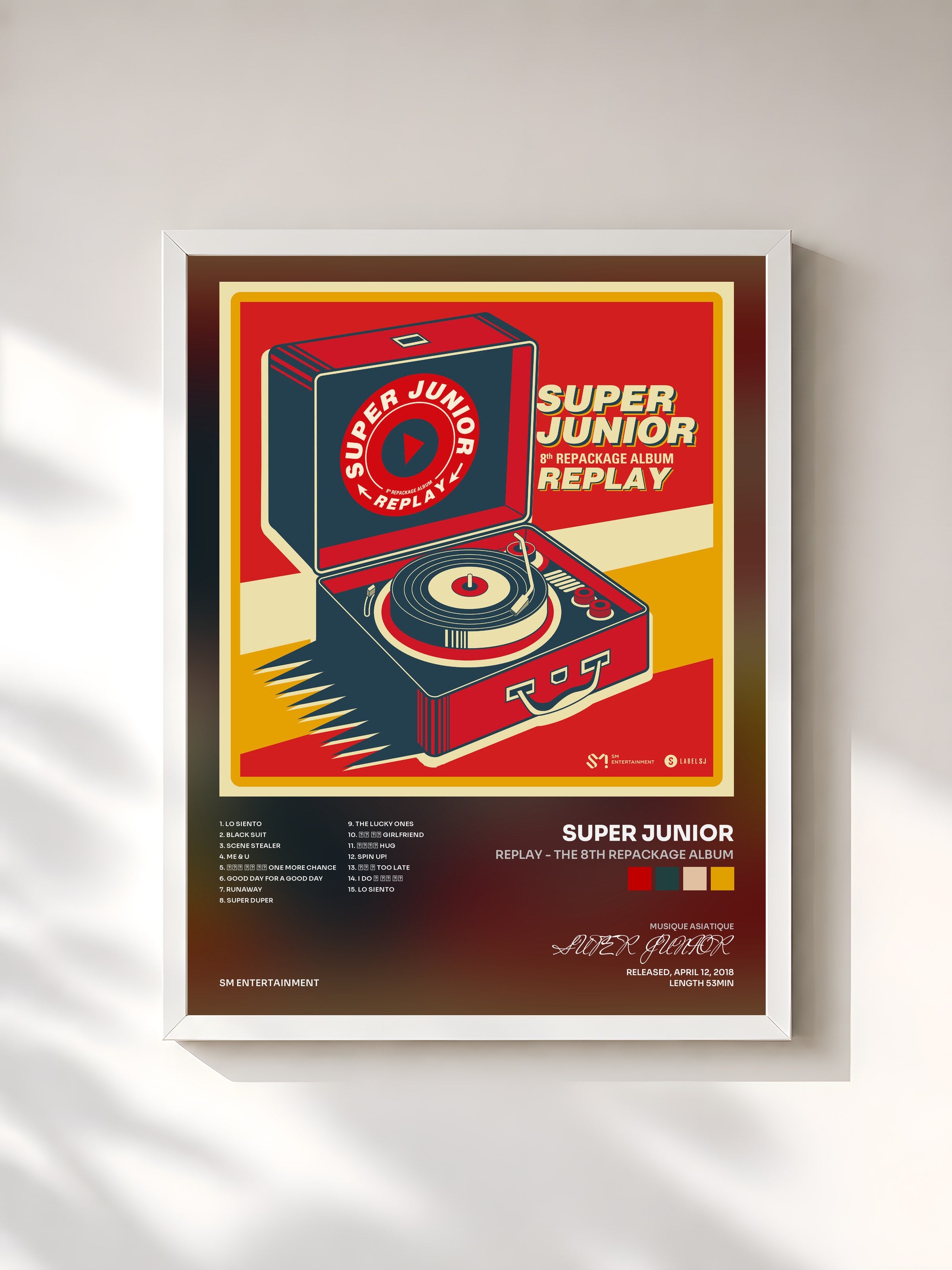 #blanc Tableau de l'album REPLAY - The 8th Repackage Album de SUPER JUNIOR, cadre blanc, imprimé et encadré en France