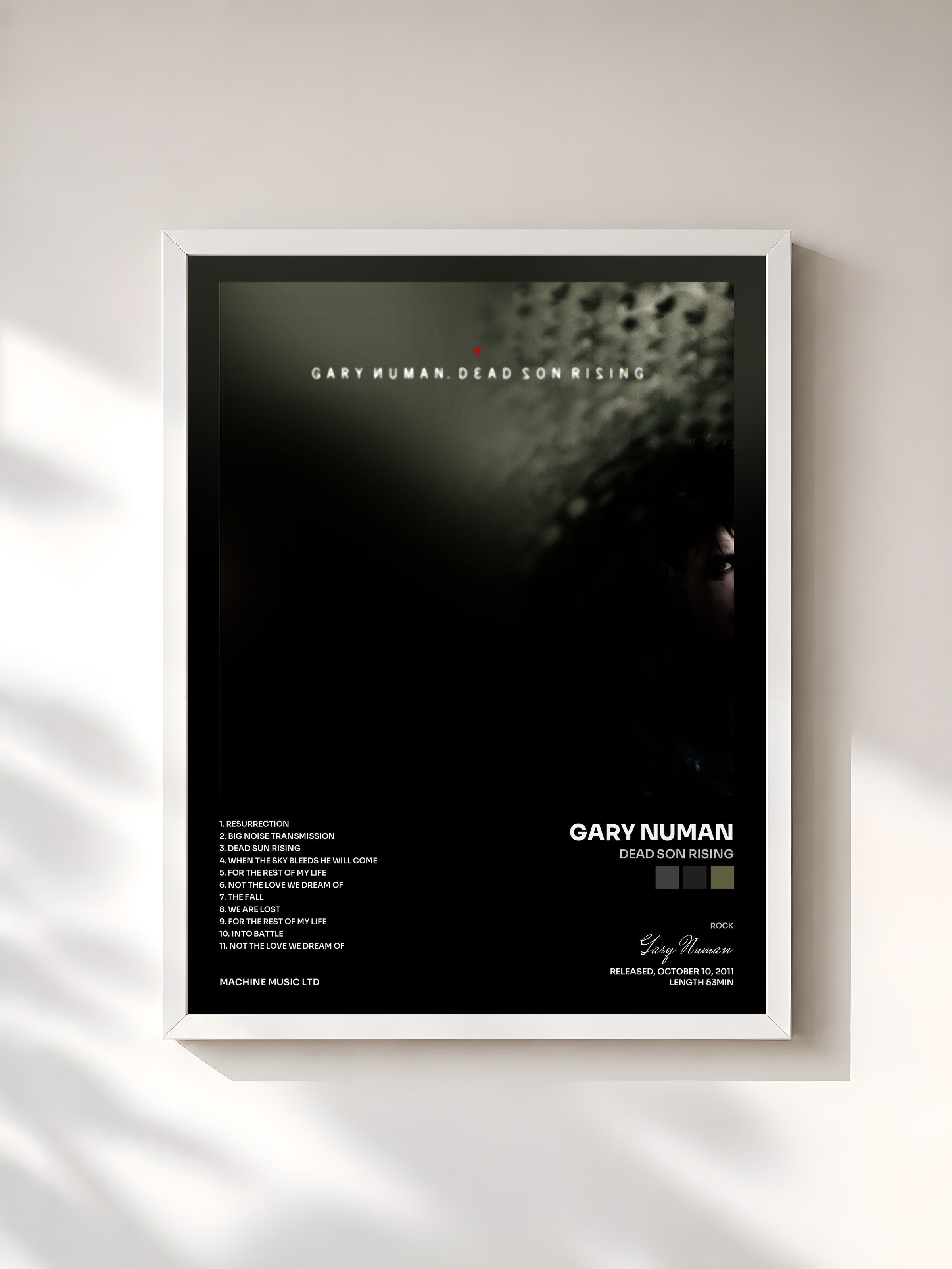 #blanc Tableau de l'album Dead Son Rising de Gary Numan, cadre blanc, imprimé et encadré en France