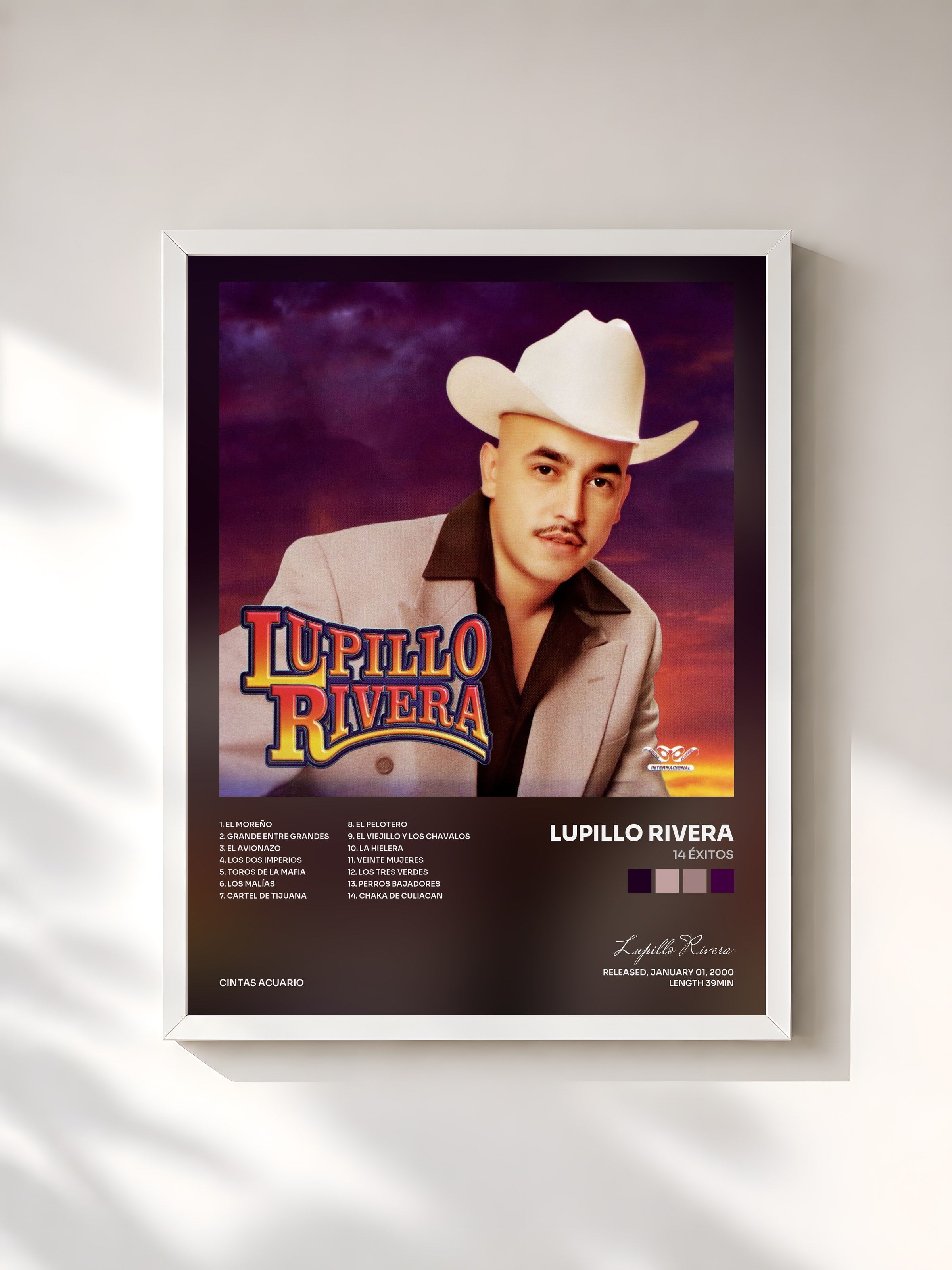 #blanc Tableau de l'album 14 Éxitos de Lupillo Rivera, cadre blanc, imprimé et encadré en France