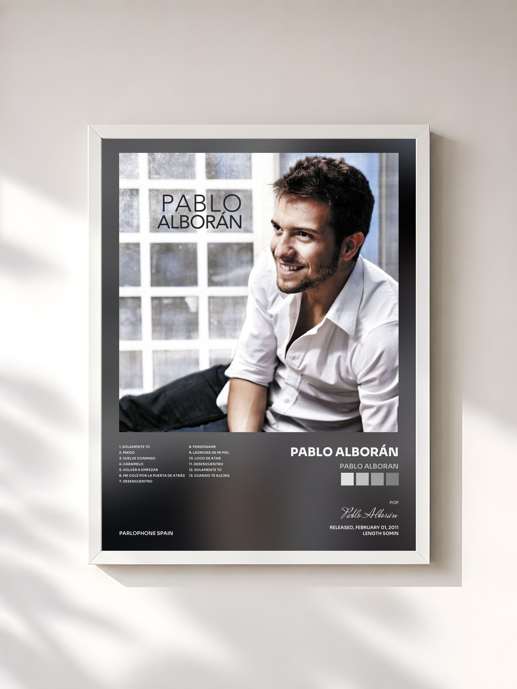 #blanc Tableau de l'album Pablo Alboran de Pablo Alborán, cadre blanc, imprimé et encadré en France