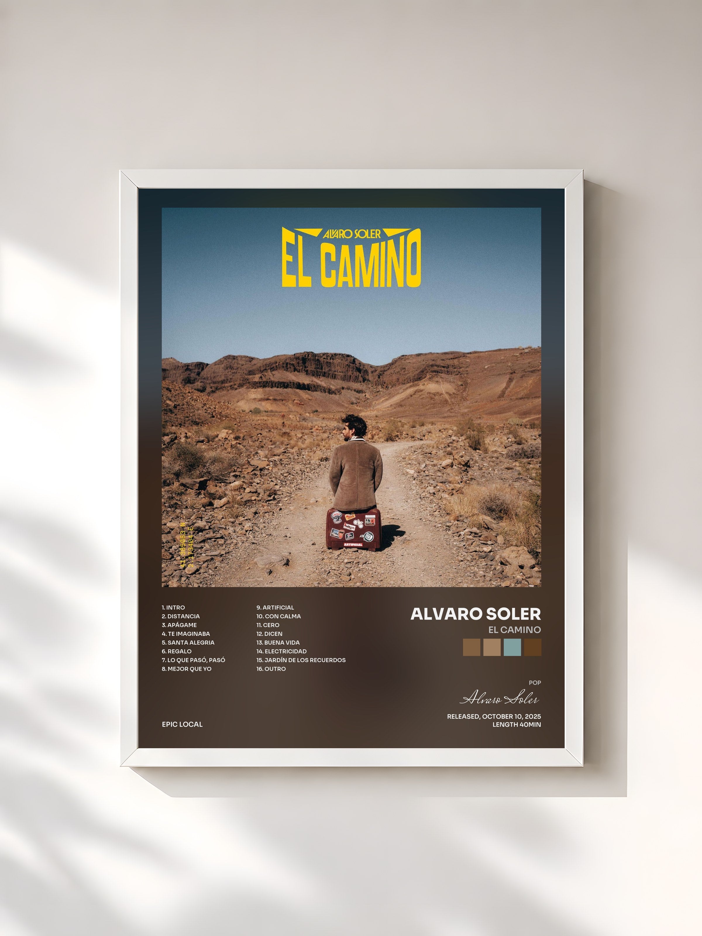 #blanc Tableau de l'album EL CAMINO de Alvaro Soler, cadre blanc, imprimé et encadré en France