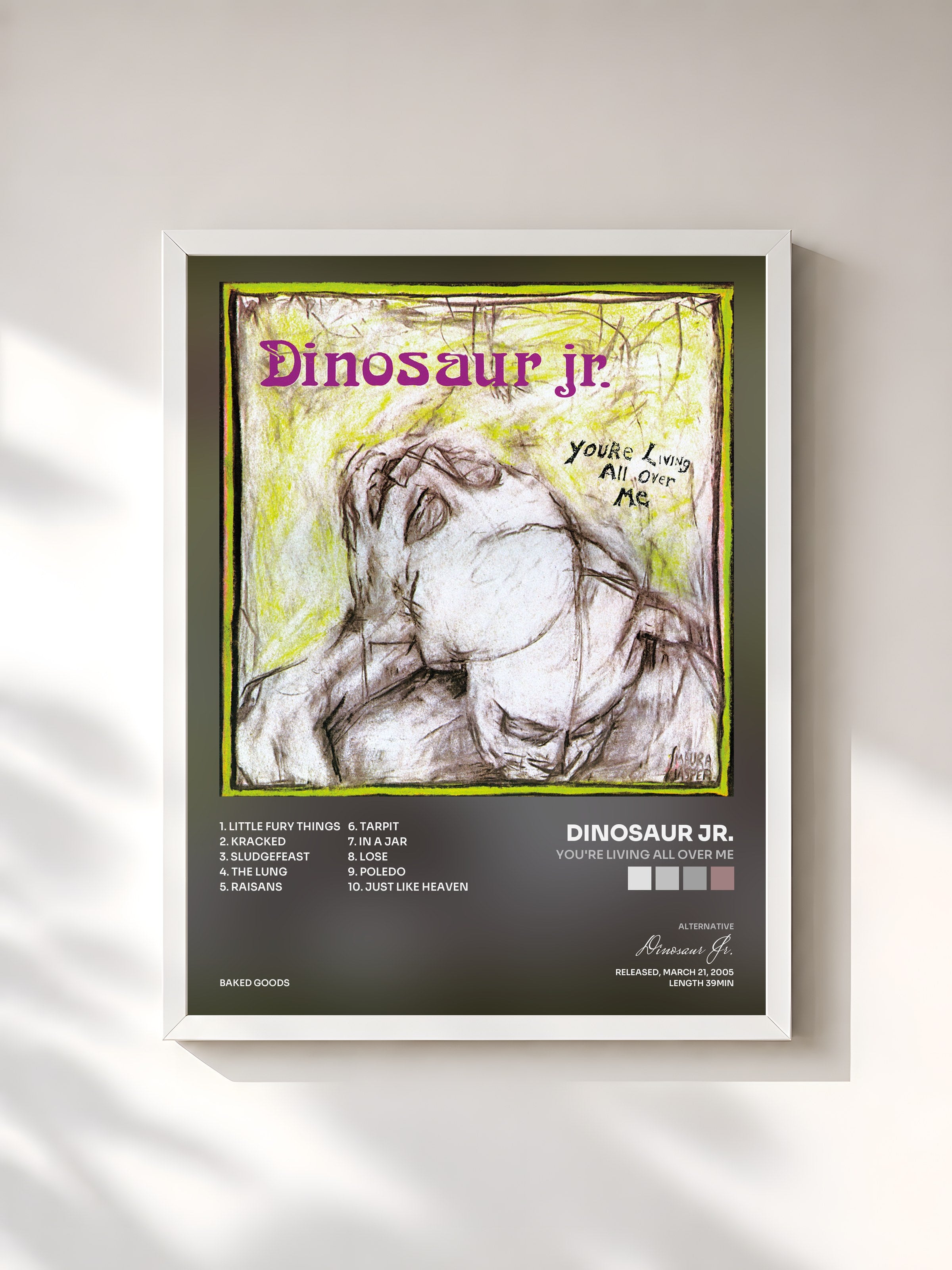 #blanc Tableau de l'album You're Living All Over Me de Dinosaur Jr., cadre blanc, imprimé et encadré en France