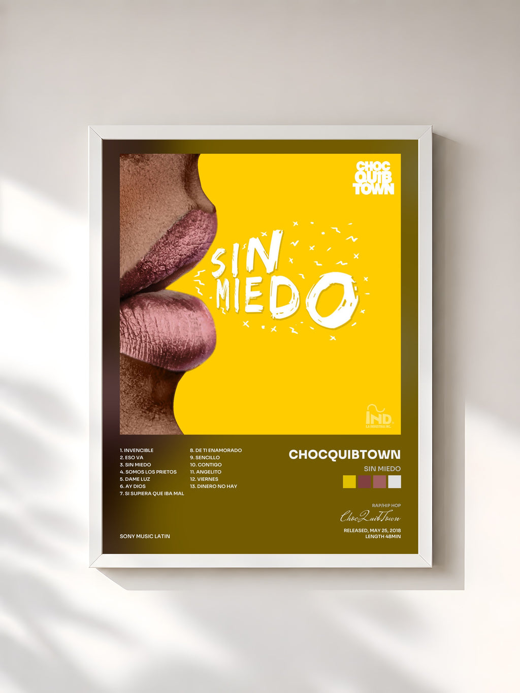 #blanc Tableau de l'album Sin Miedo de ChocQuibTown, cadre blanc, imprimé et encadré en France