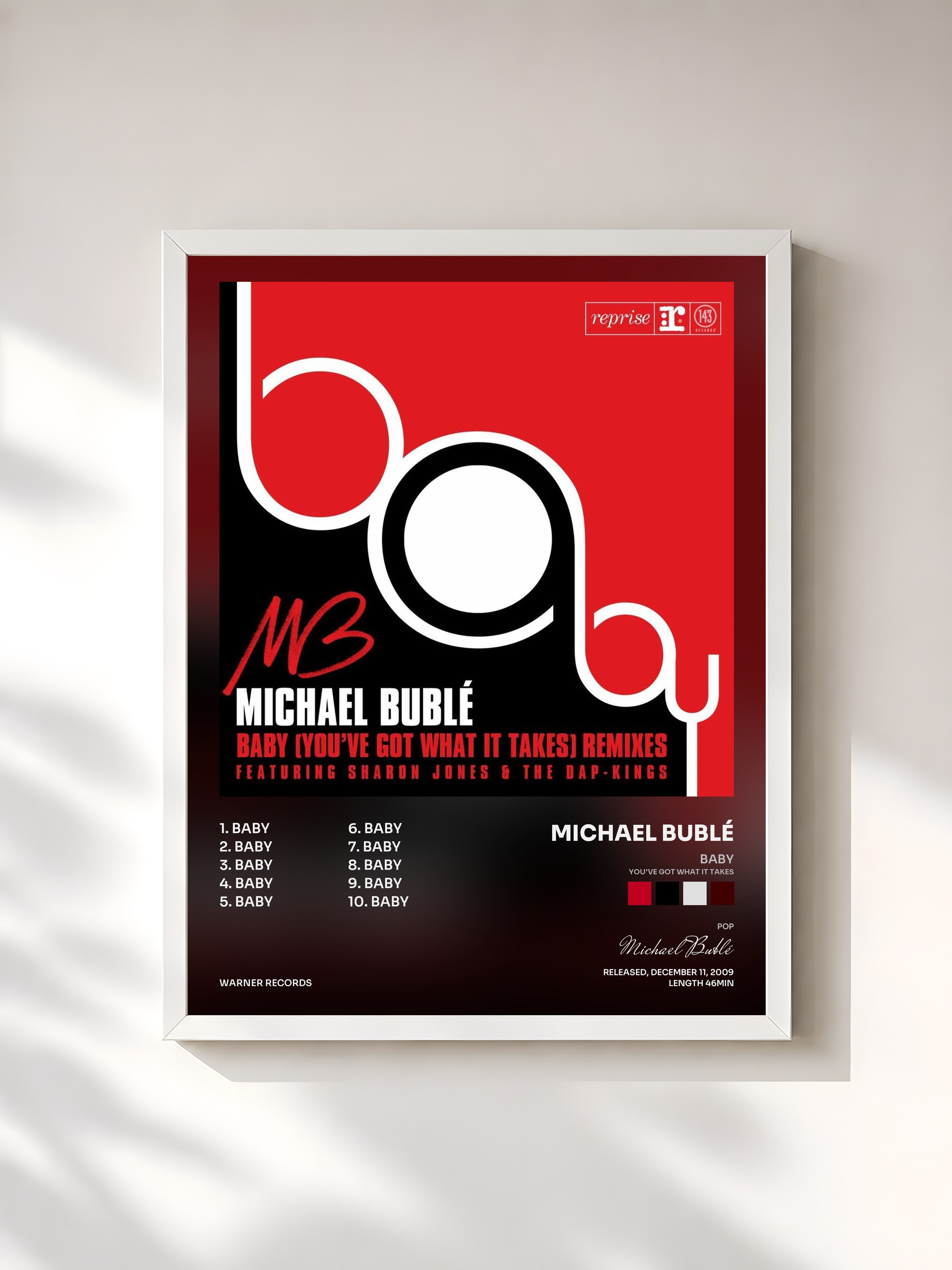 #blanc Tableau de l'album Baby (You've Got What It Takes) de Michael Bublé, cadre blanc, imprimé et encadré en France