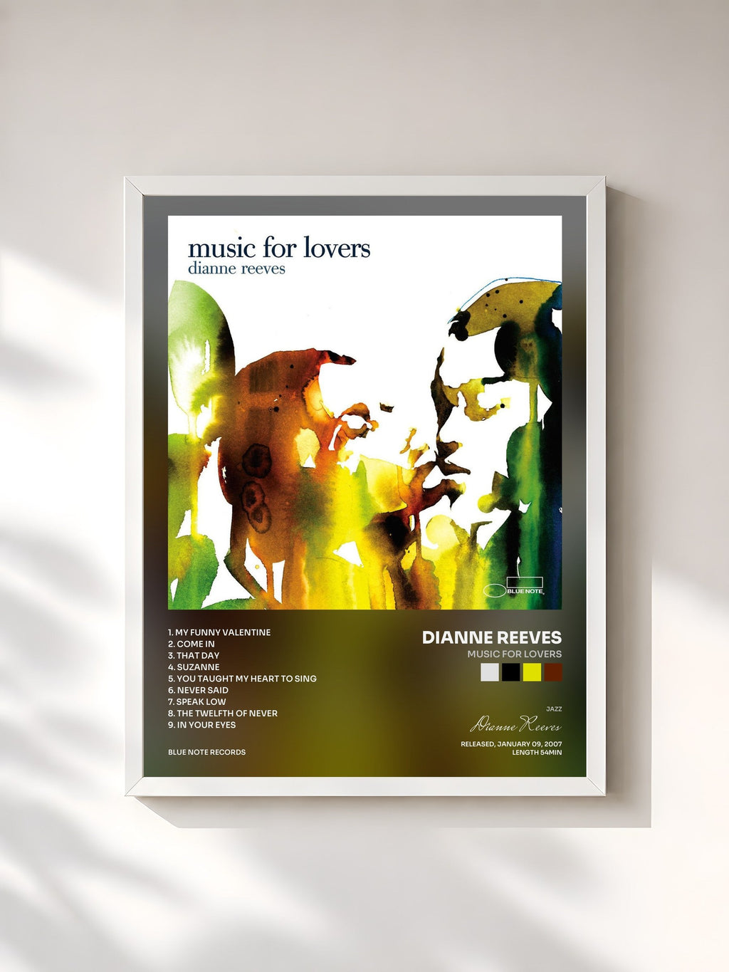#blanc Music For Lovers by Dianne Reeves as a framed art print, white frame, printed and framed in France