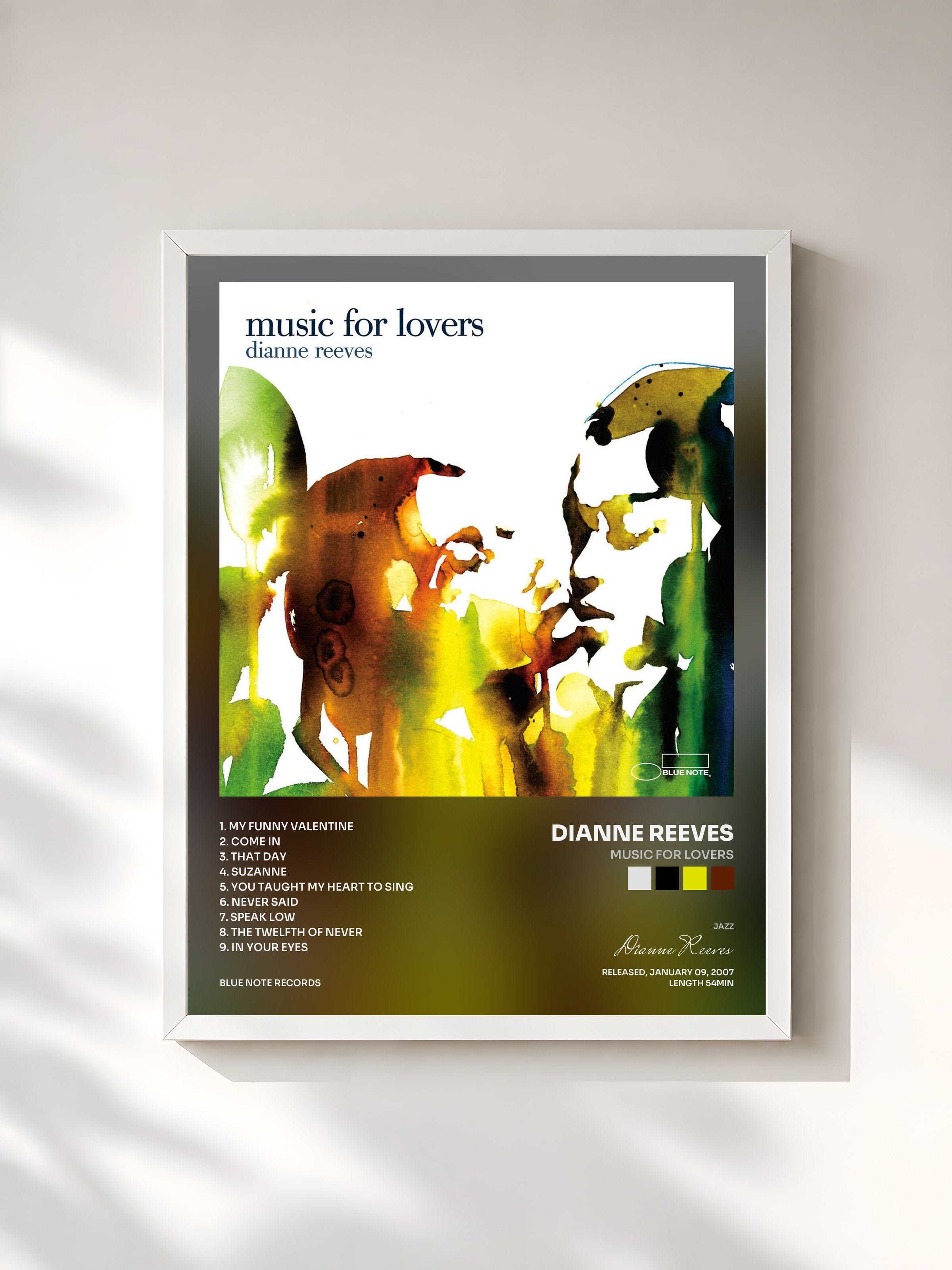 #blanc Tableau de l'album Music For Lovers de Dianne Reeves, cadre blanc, imprimé et encadré en France
