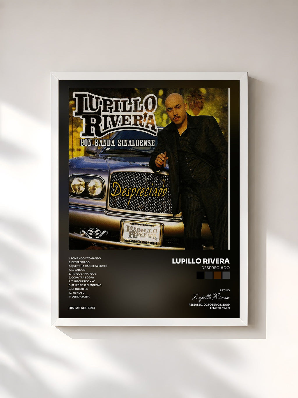 #blanc Tableau de l'album Despreciado de Lupillo Rivera, cadre blanc, imprimé et encadré en France