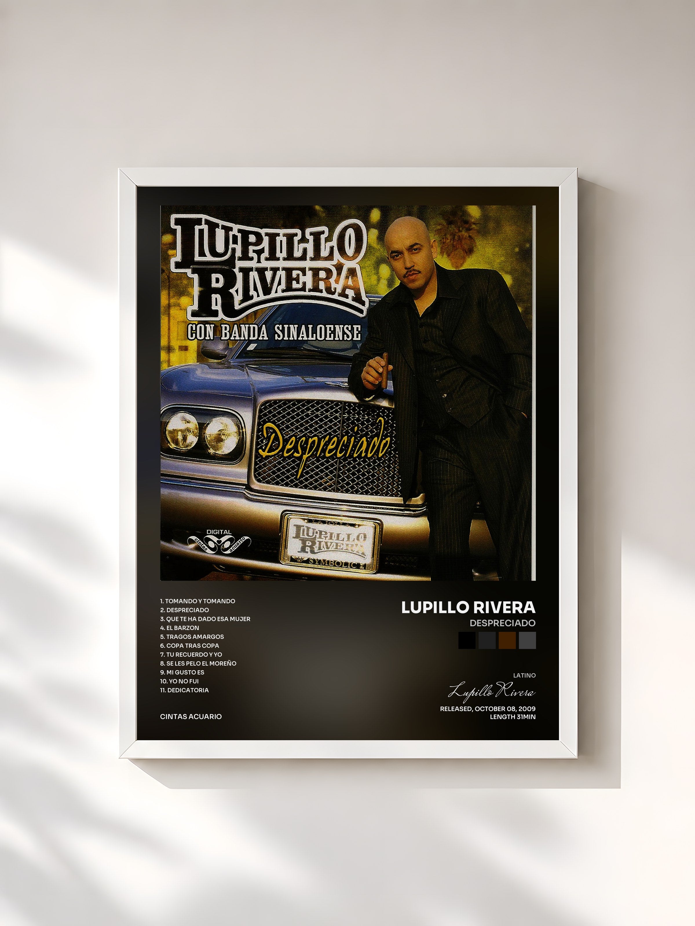 #blanc Tableau de l'album Despreciado de Lupillo Rivera, cadre blanc, imprimé et encadré en France