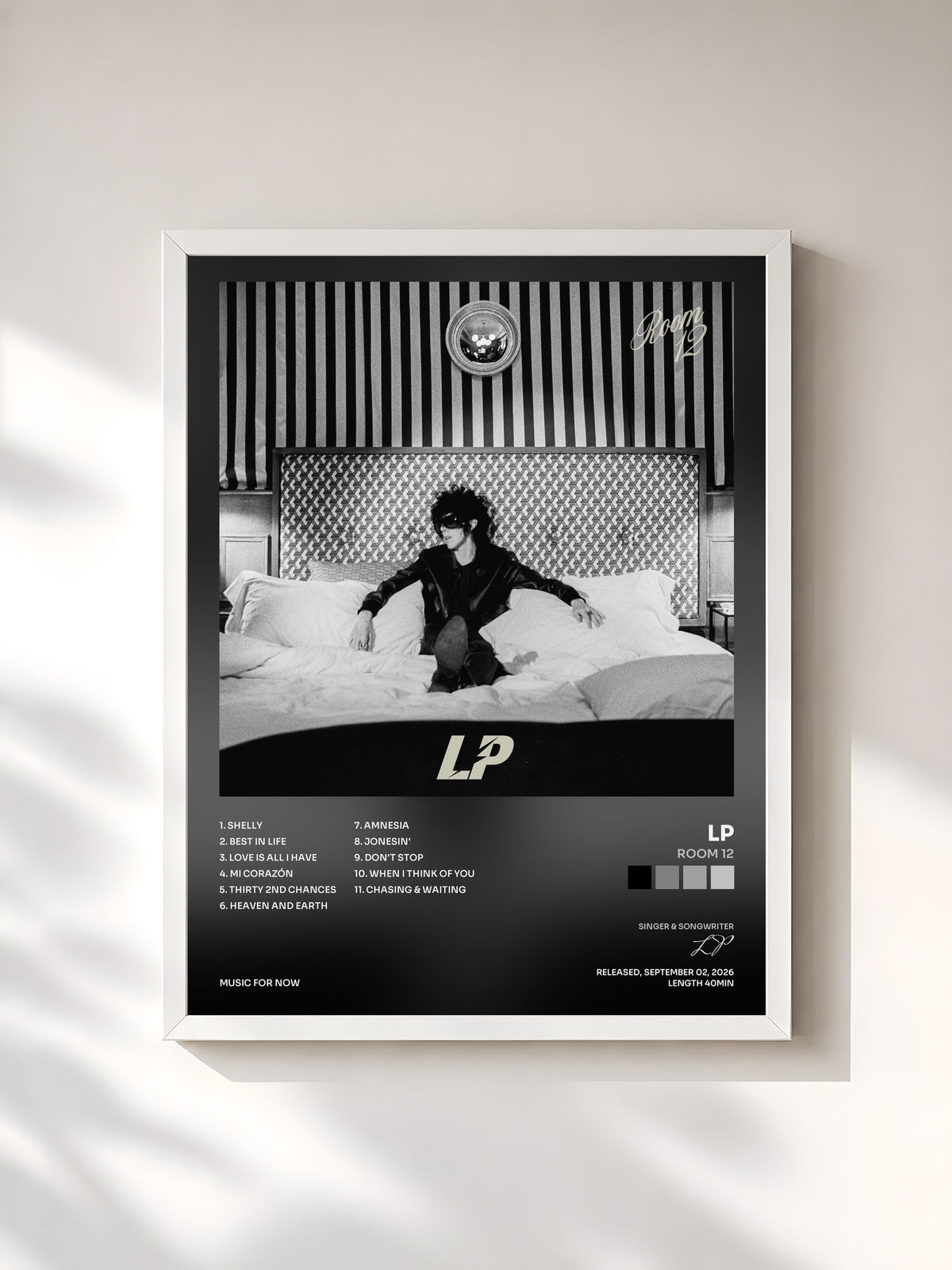 #blanc Tableau de l'album Room 12 de LP, cadre blanc, imprimé et encadré en France