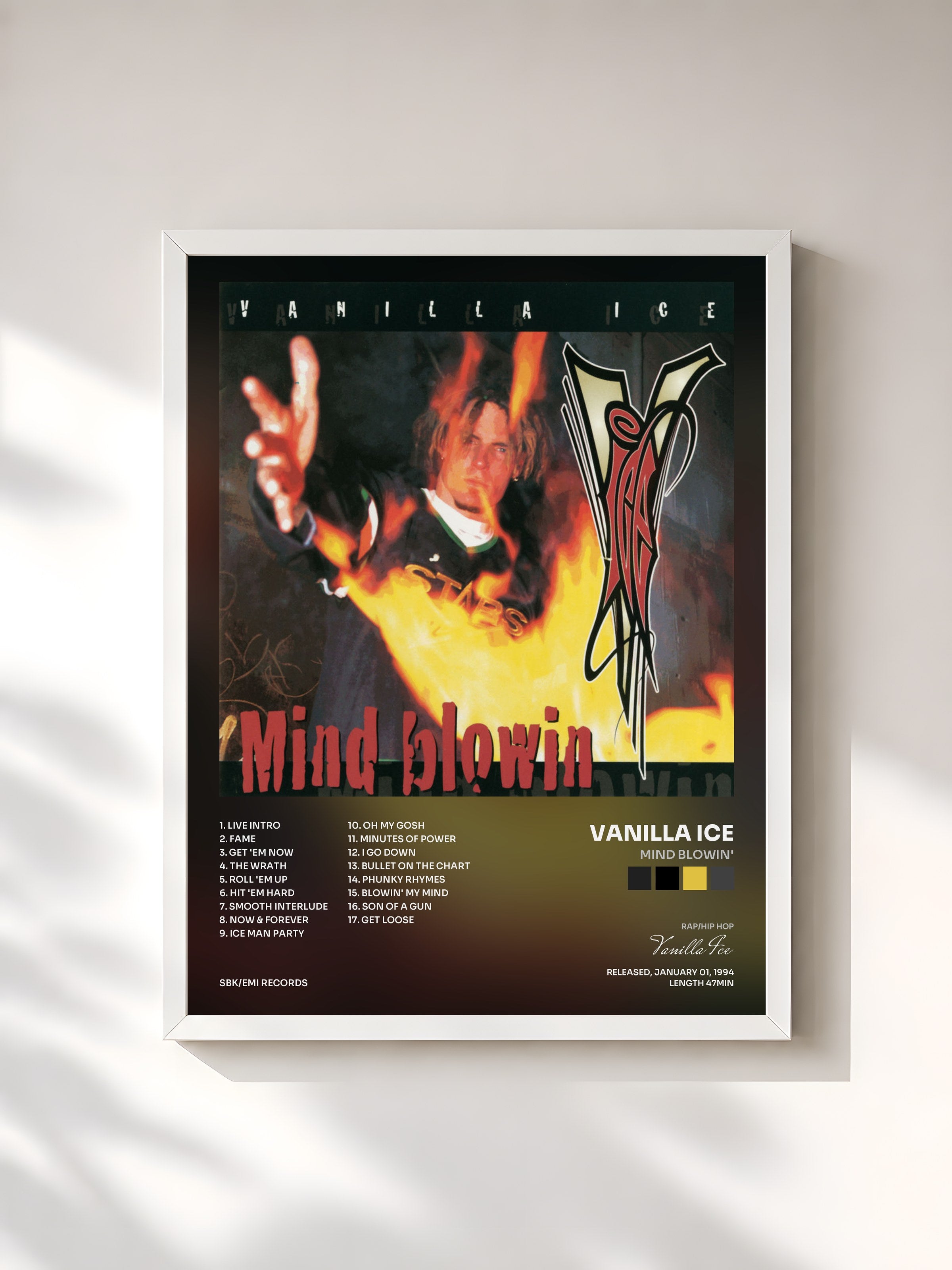 #blanc Tableau de l'album Mind Blowin' de Vanilla Ice, cadre blanc, imprimé et encadré en France