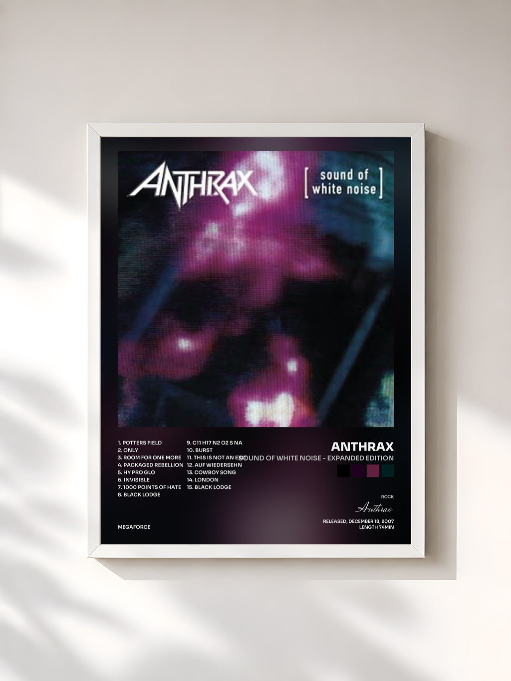 #blanc Tableau de l'album Sound of White Noise - Expanded Edition de Anthrax, cadre blanc, imprimé et encadré en France