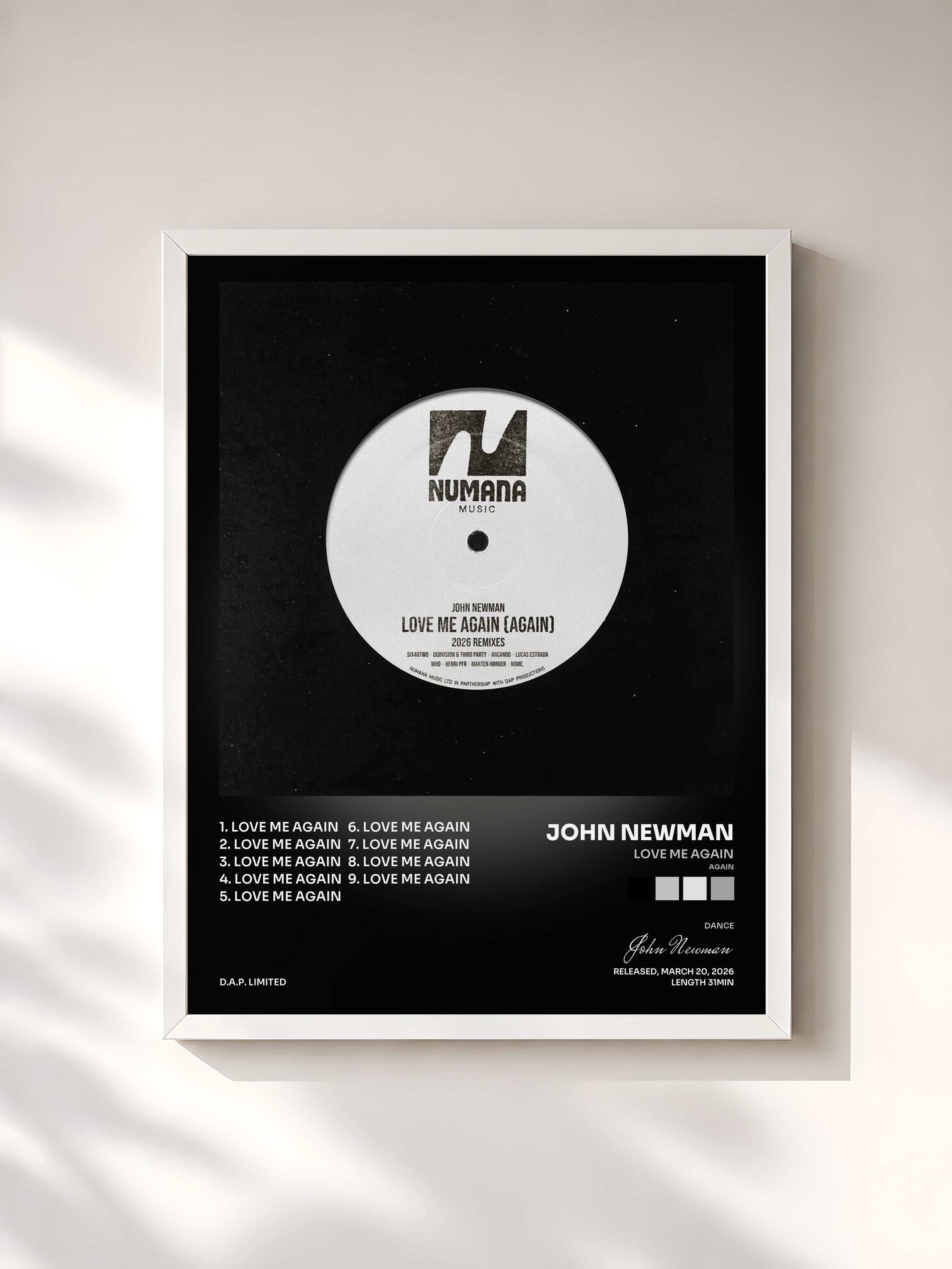 #blanc Tableau de l'album Love Me Again (Again) 2026 Remixes de John Newman, cadre blanc, imprimé et encadré en France