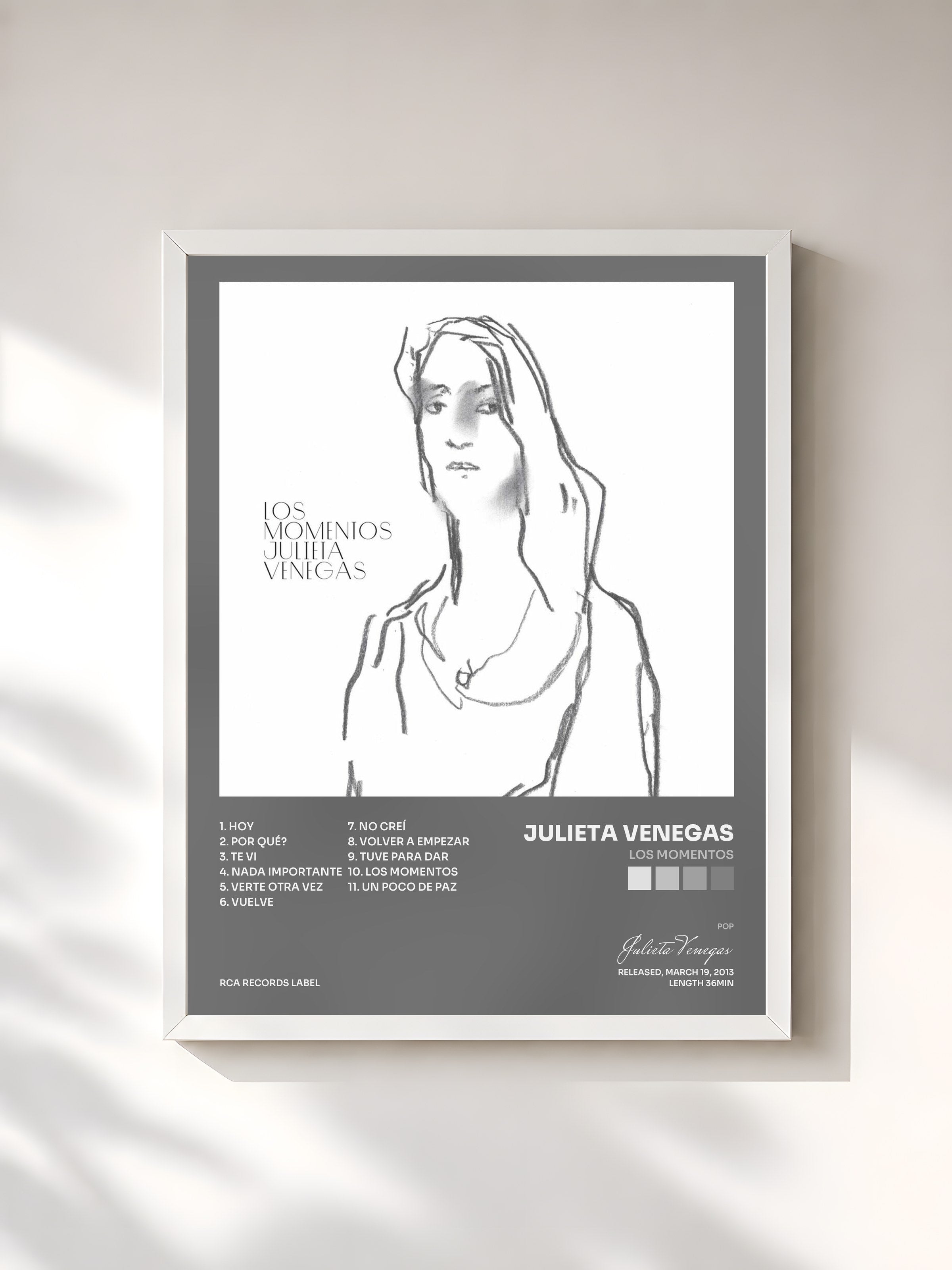 #blanc Tableau de l'album Los Momentos de Julieta Venegas, cadre blanc, imprimé et encadré en France