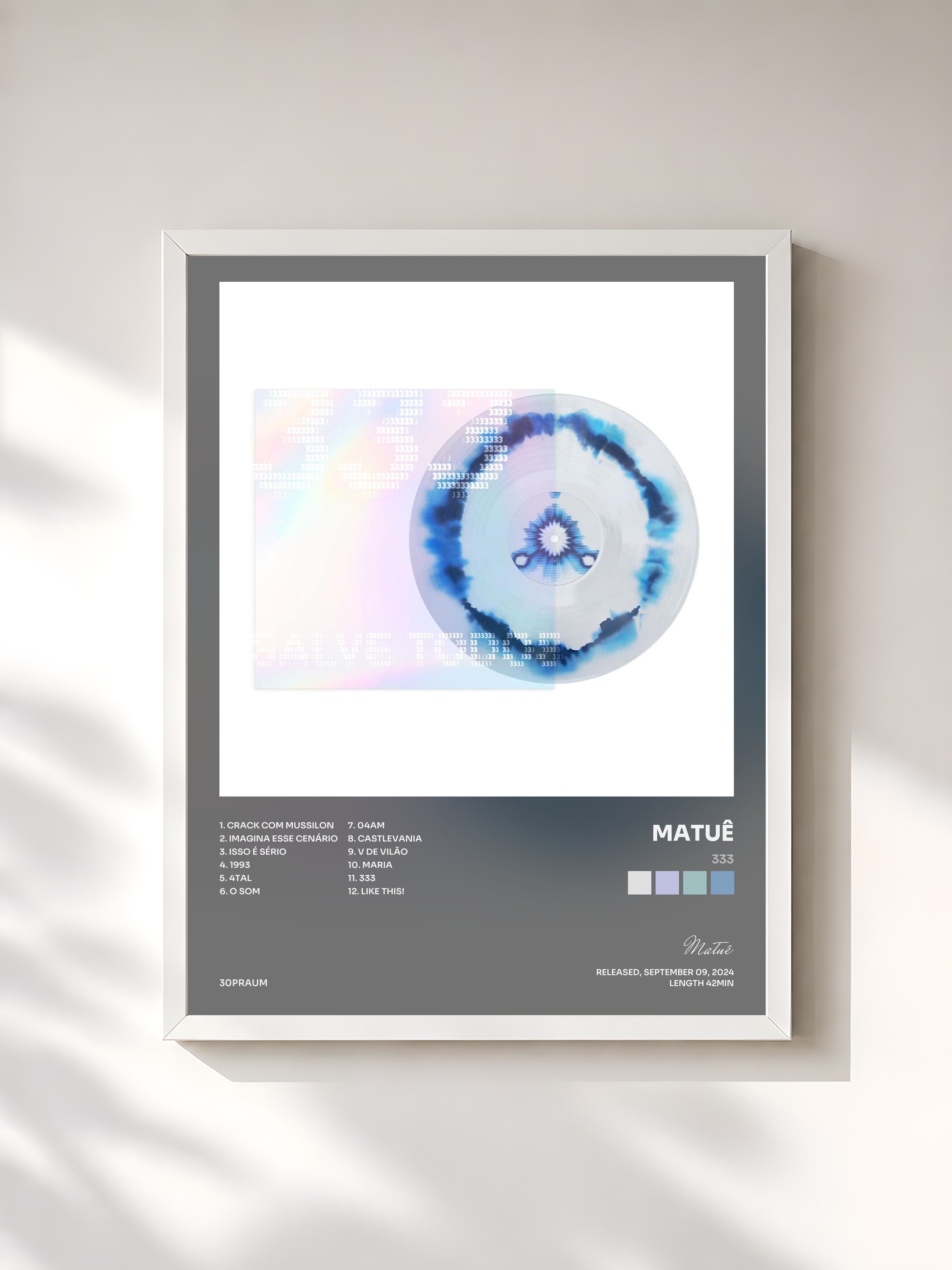 #blanc Tableau de l'album 333 de Matuê, cadre blanc, imprimé et encadré en France