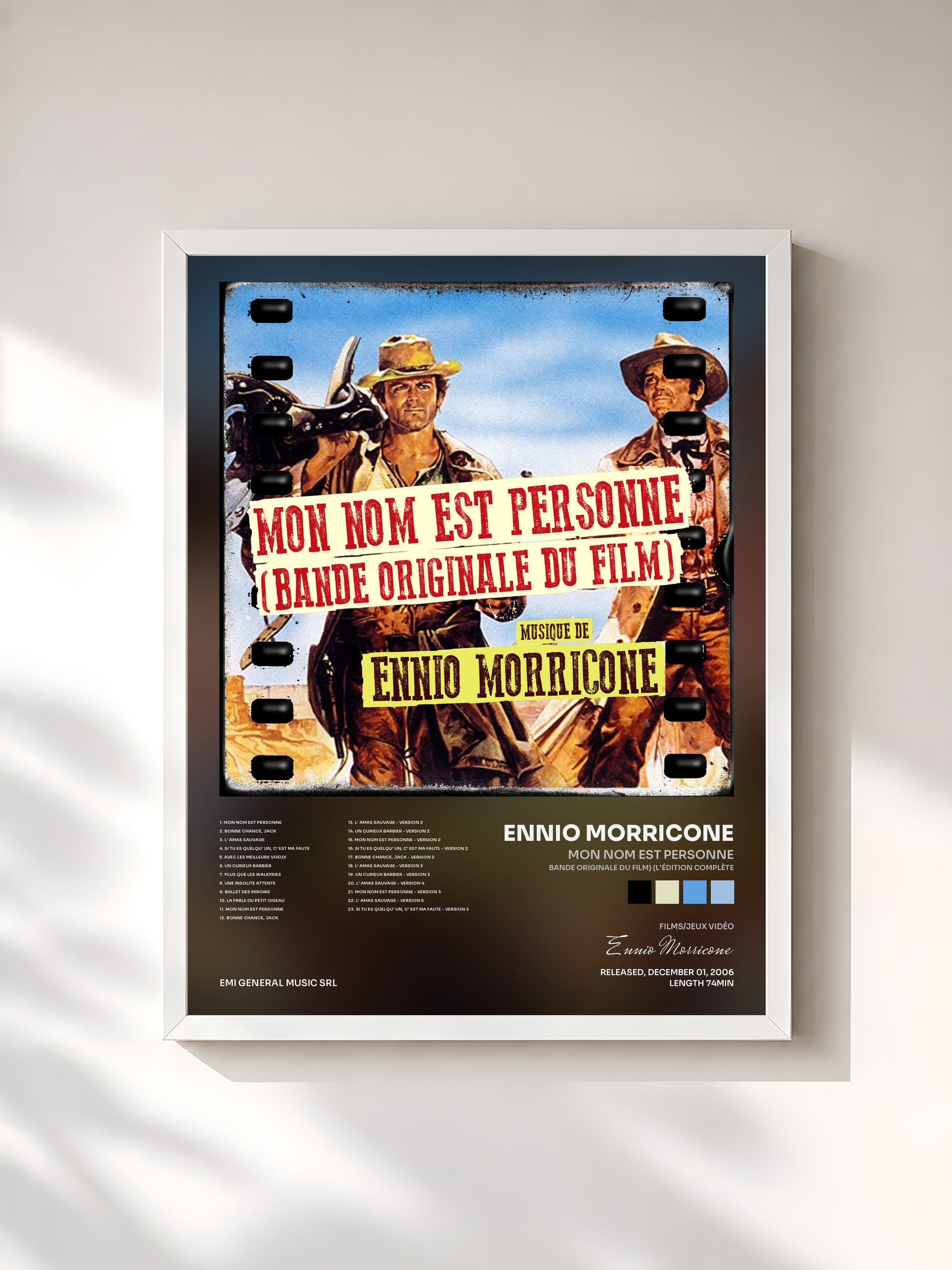 #blanc Tableau de l'album Mon Nom Est Personne (Bande originale du film) (L'édition complète) de Ennio Morricone, cadre blanc, imprimé et encadré en France