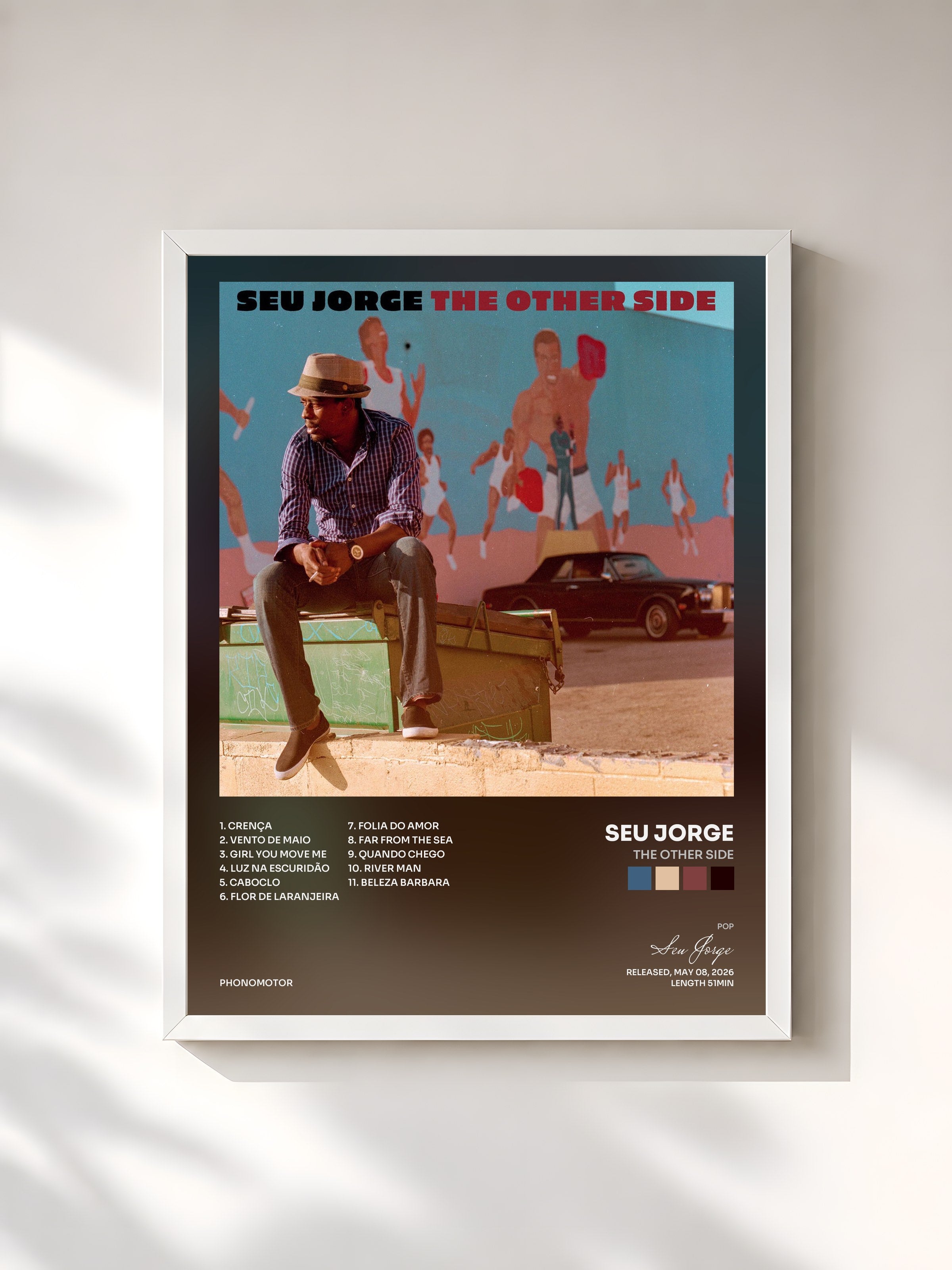#blanc Tableau de l'album The Other Side de Seu Jorge, cadre blanc, imprimé et encadré en France