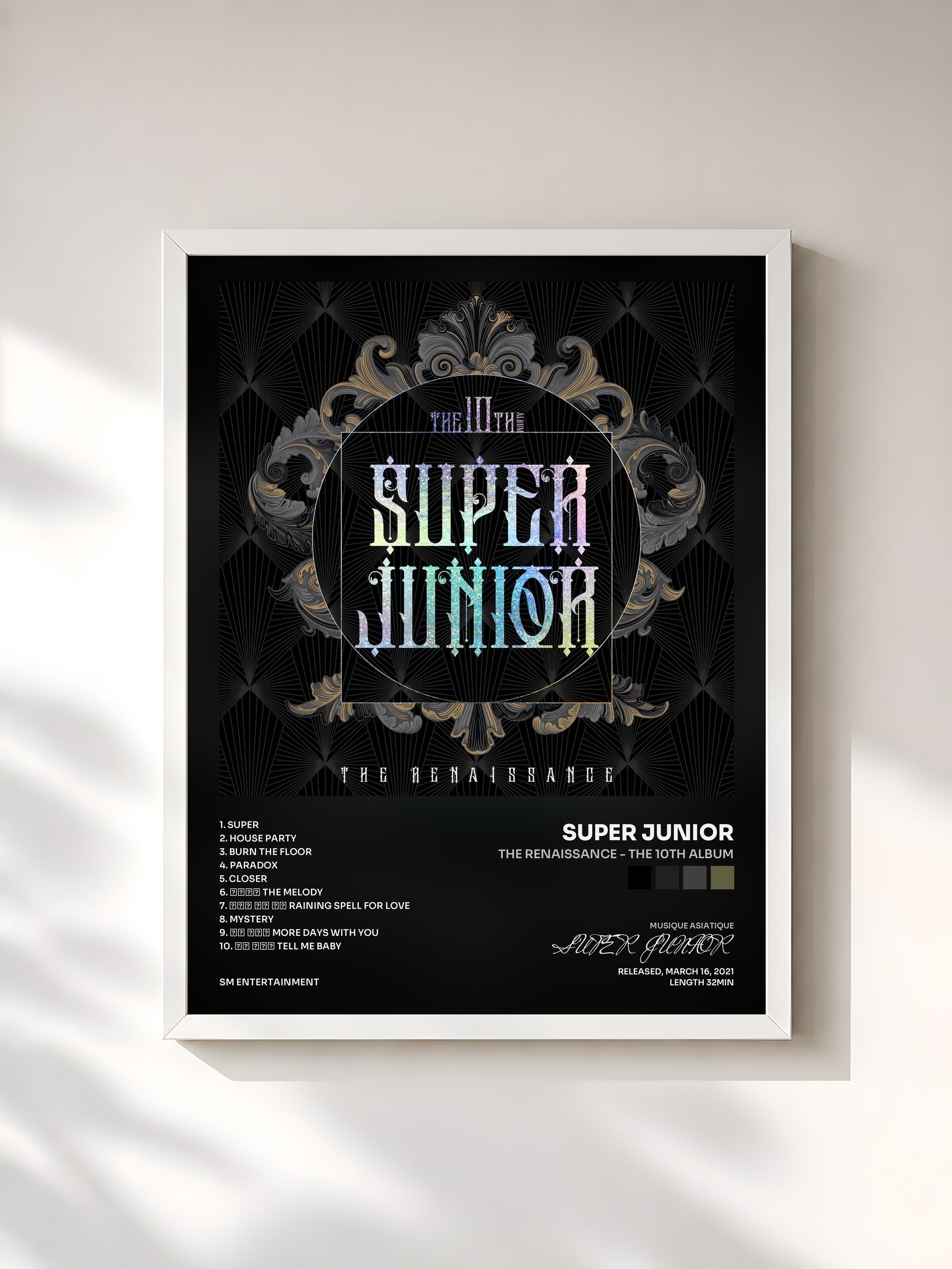 #blanc Tableau de l'album The Renaissance - The 10th Album de SUPER JUNIOR, cadre blanc, imprimé et encadré en France
