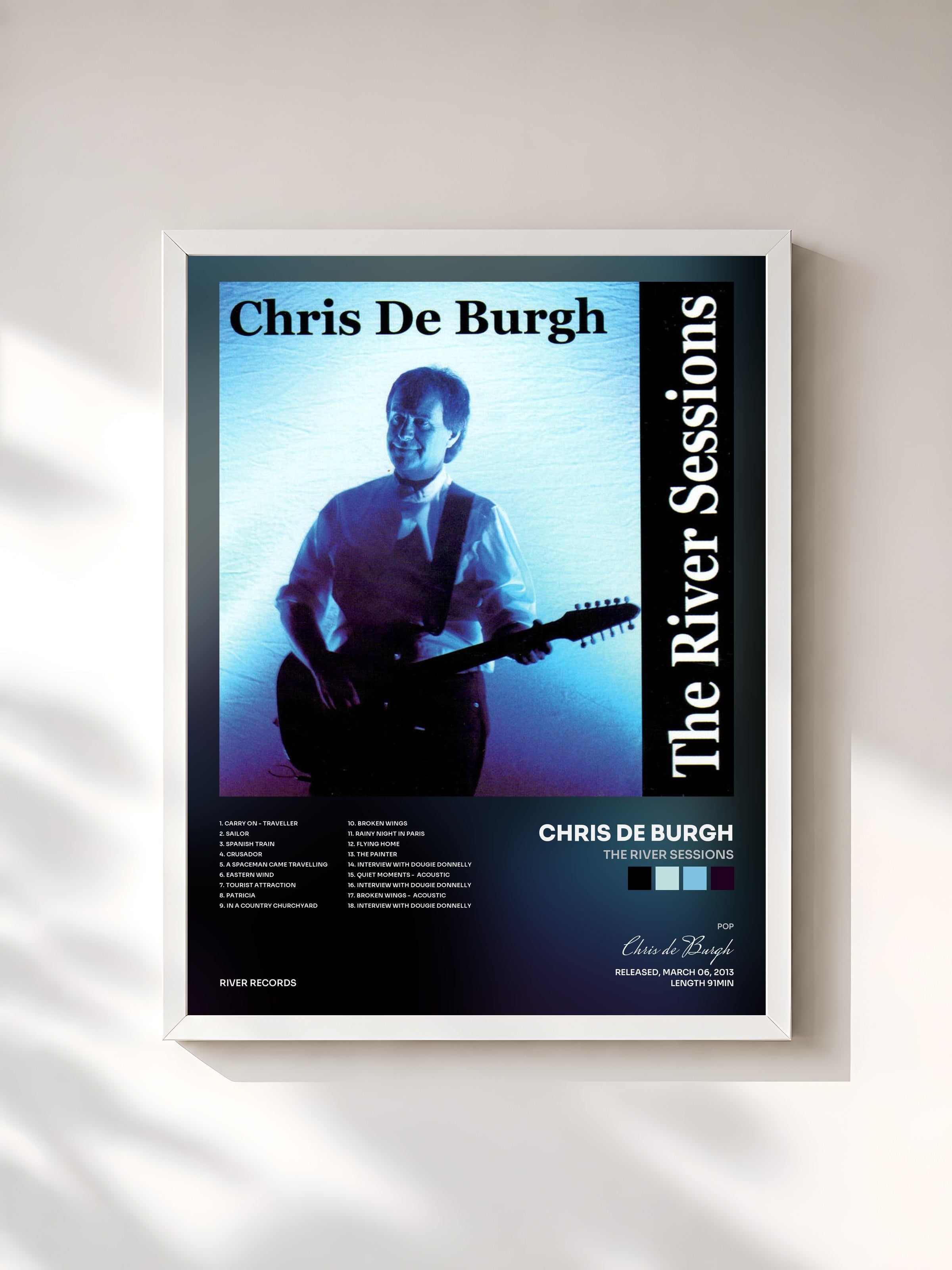#blanc Tableau de l'album The River Sessions de Chris de Burgh, cadre blanc, imprimé et encadré en France