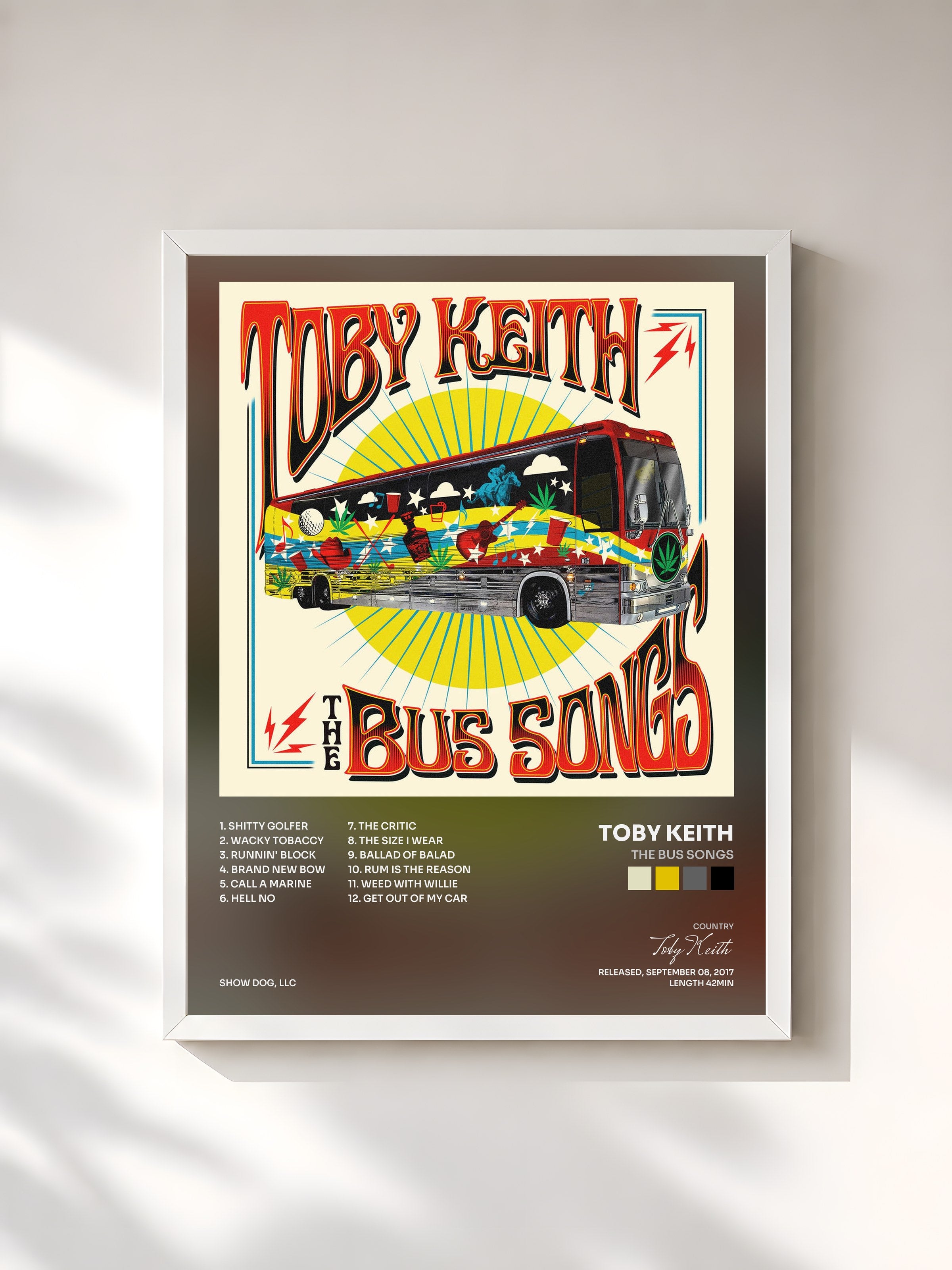 #blanc Tableau de l'album The Bus Songs de Toby Keith, cadre blanc, imprimé et encadré en France