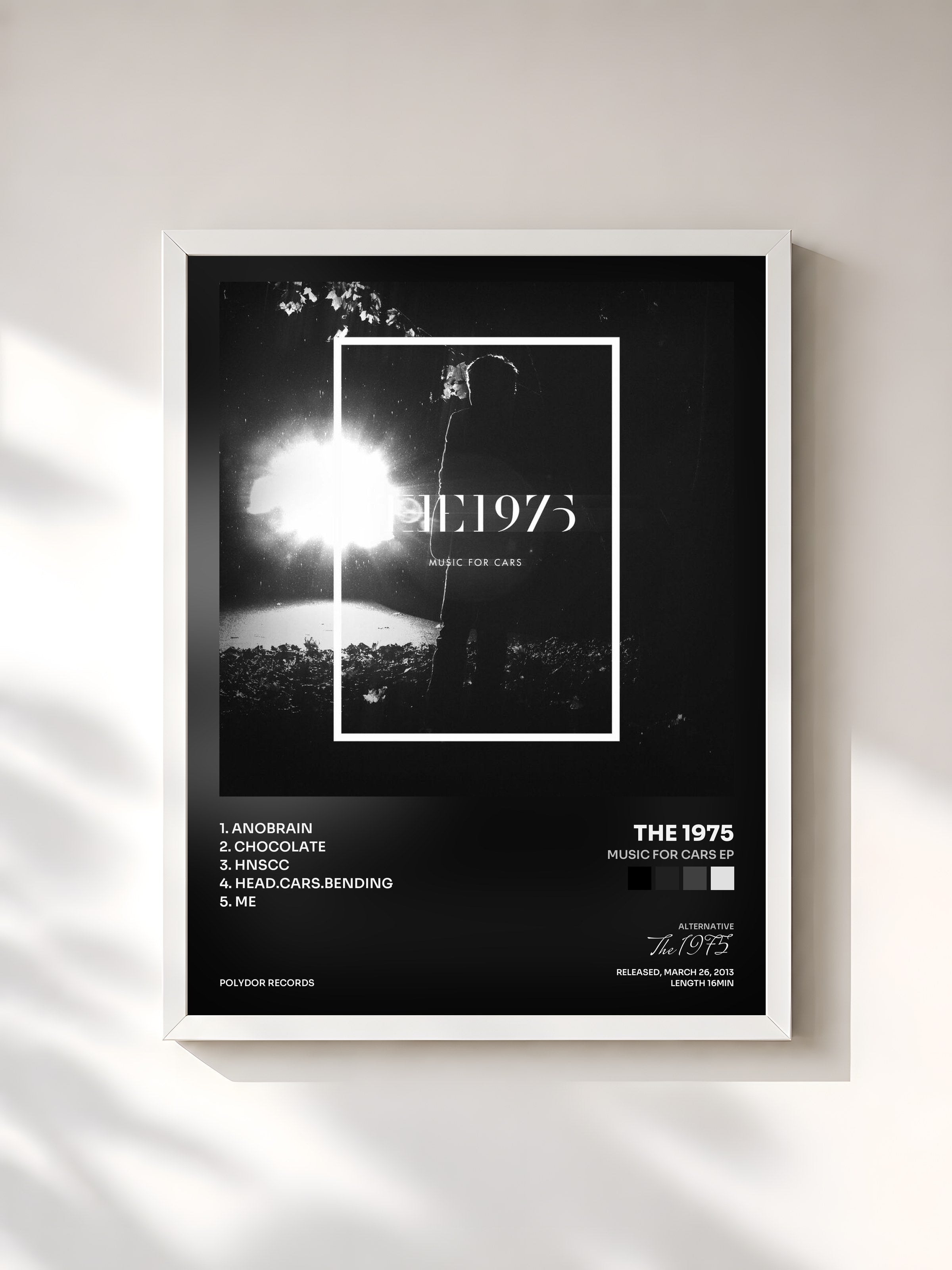 #blanc Tableau de l'album Music For Cars EP de The 1975, cadre blanc, imprimé et encadré en France