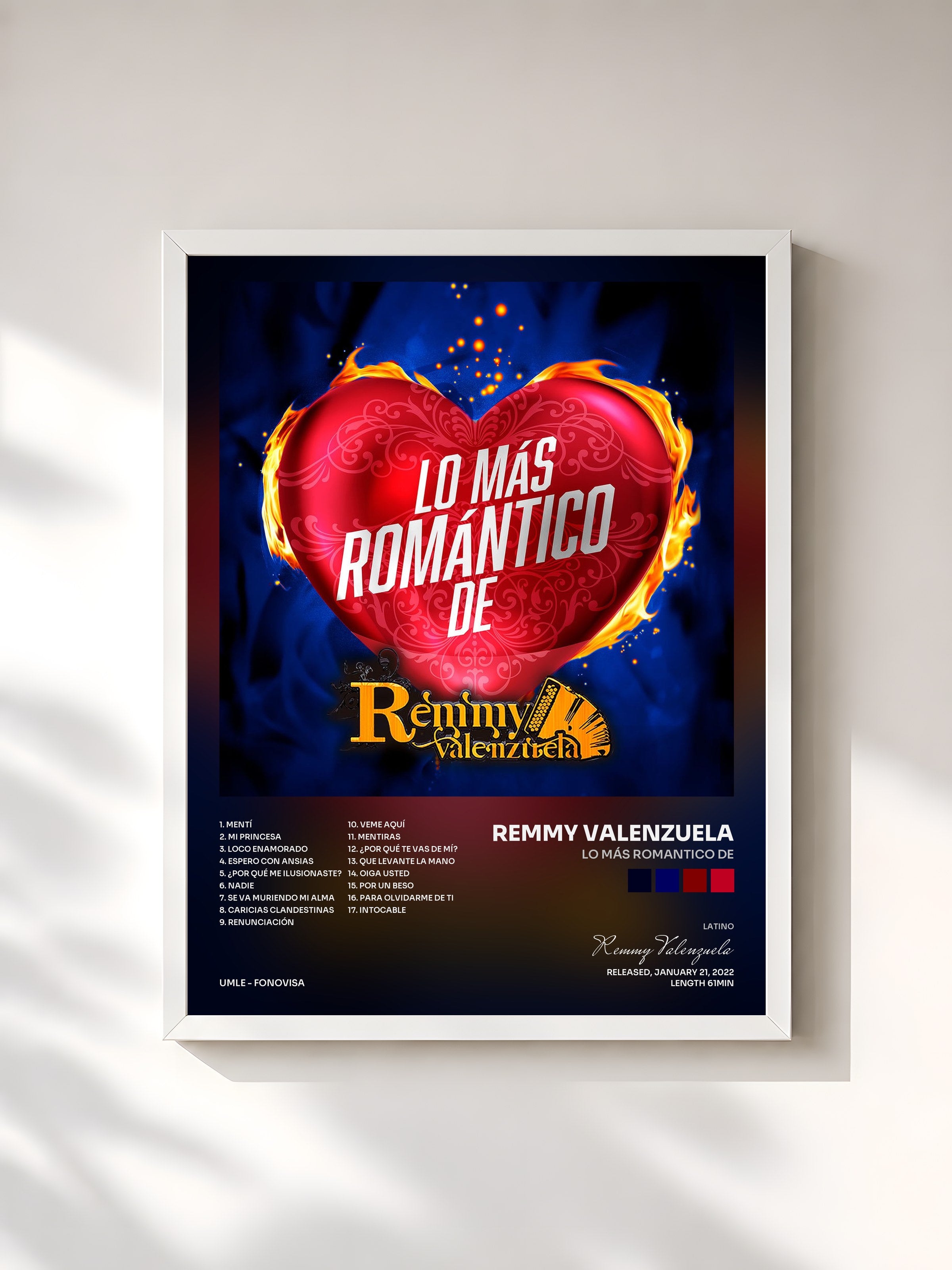 #blanc Tableau de l'album Lo Más Romantico De de Remmy Valenzuela, cadre blanc, imprimé et encadré en France