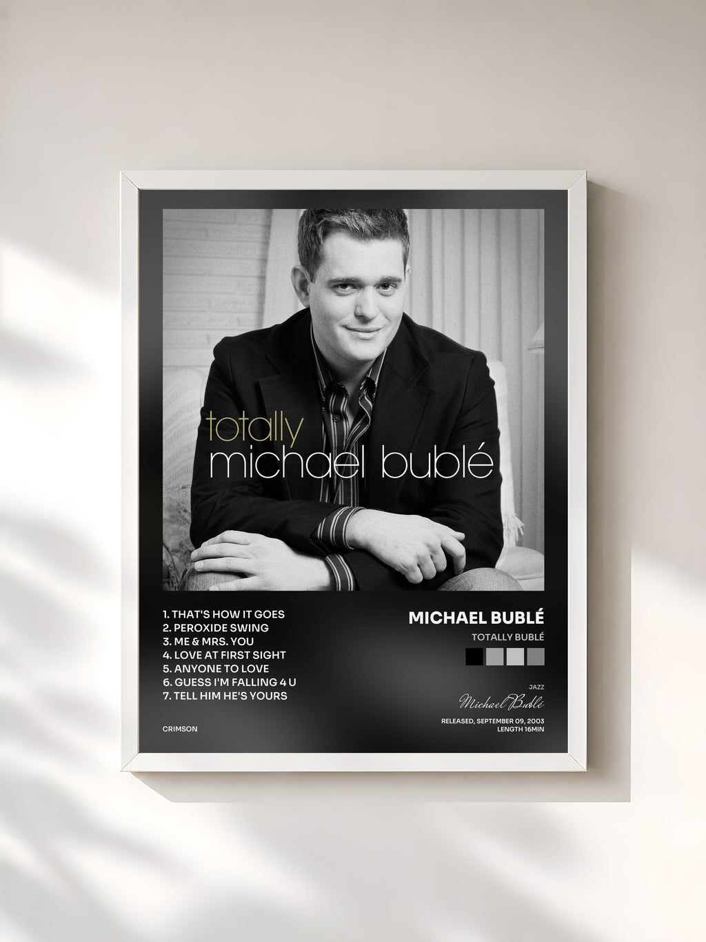 #blanc Tableau de l'album Totally Bublé de Michael Bublé, cadre blanc, imprimé et encadré en France