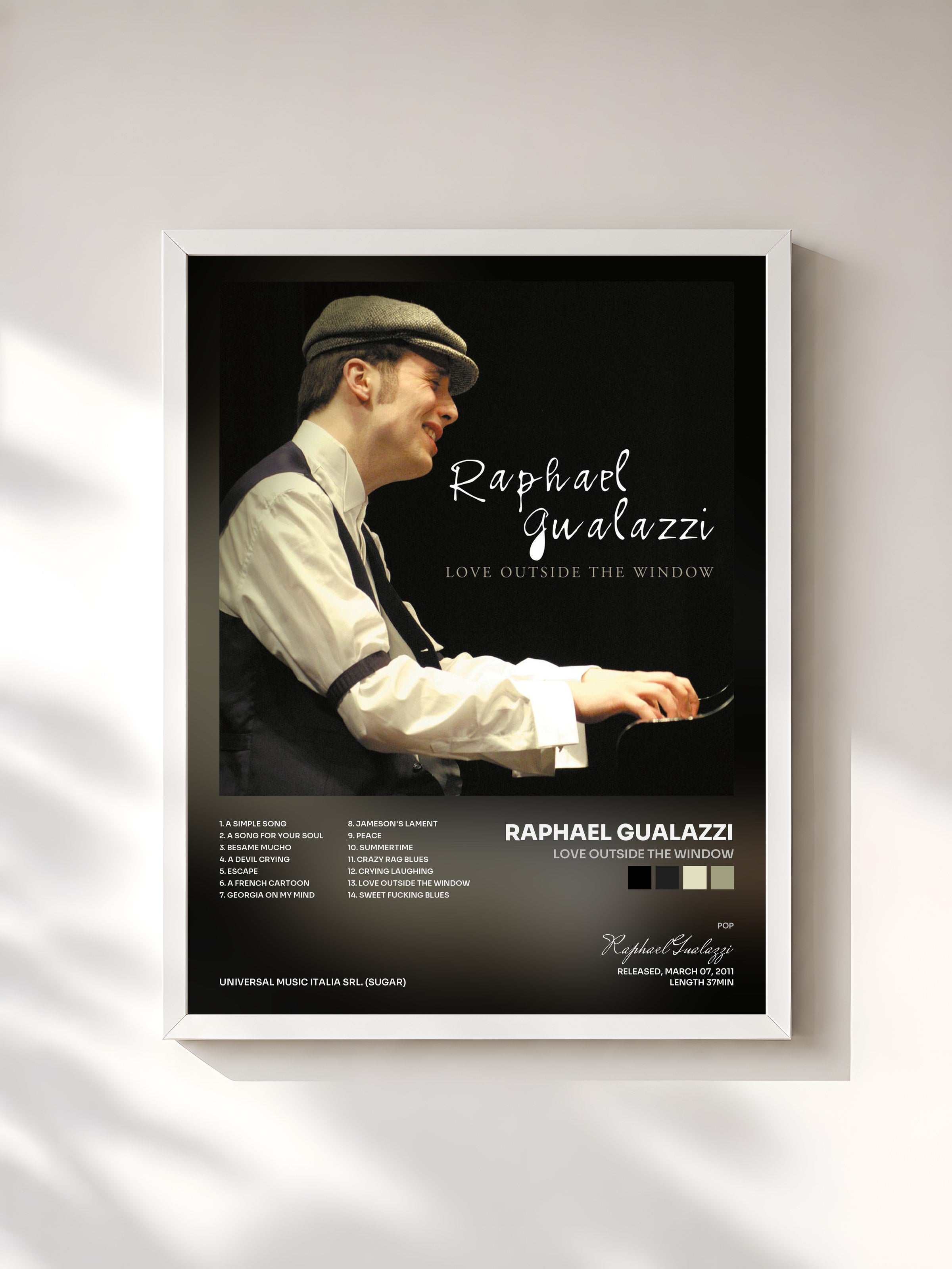#blanc Tableau de l'album Love Outside the Window de Raphael Gualazzi, cadre blanc, imprimé et encadré en France
