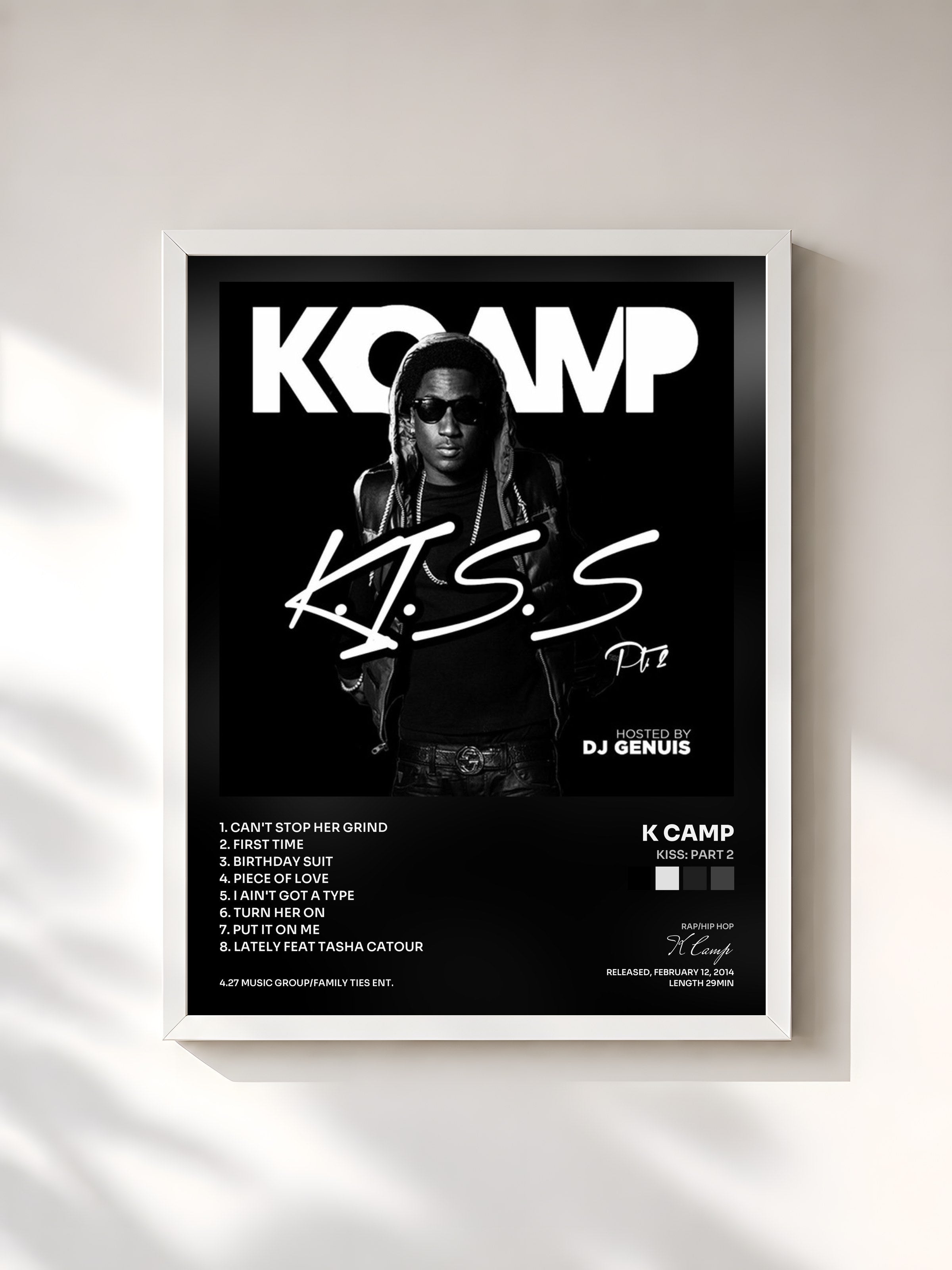 #blanc Tableau de l'album Kiss: Part 2 de K Camp, cadre blanc, imprimé et encadré en France