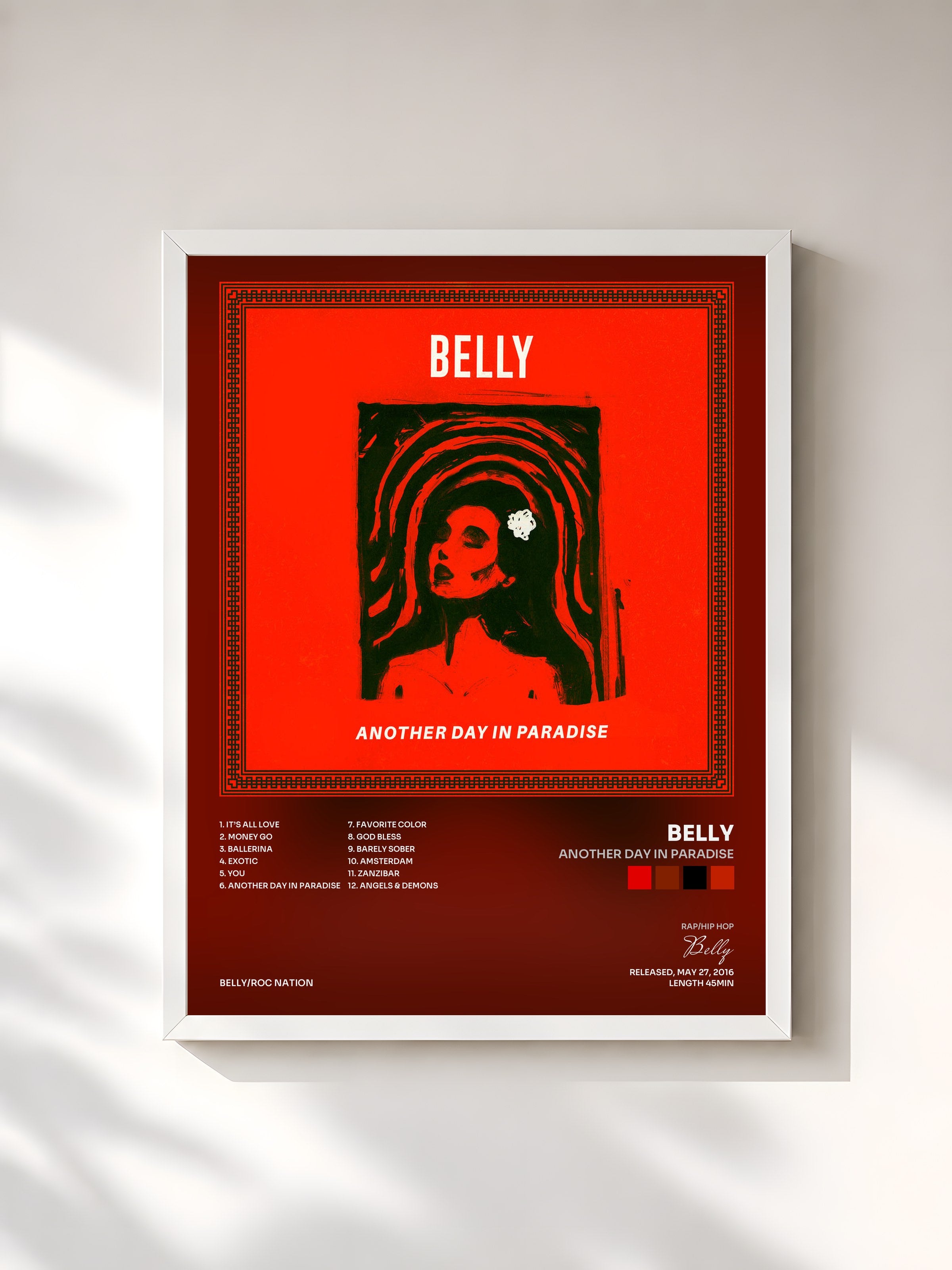 #blanc Tableau de l'album Another Day In Paradise de Belly, cadre blanc, imprimé et encadré en France