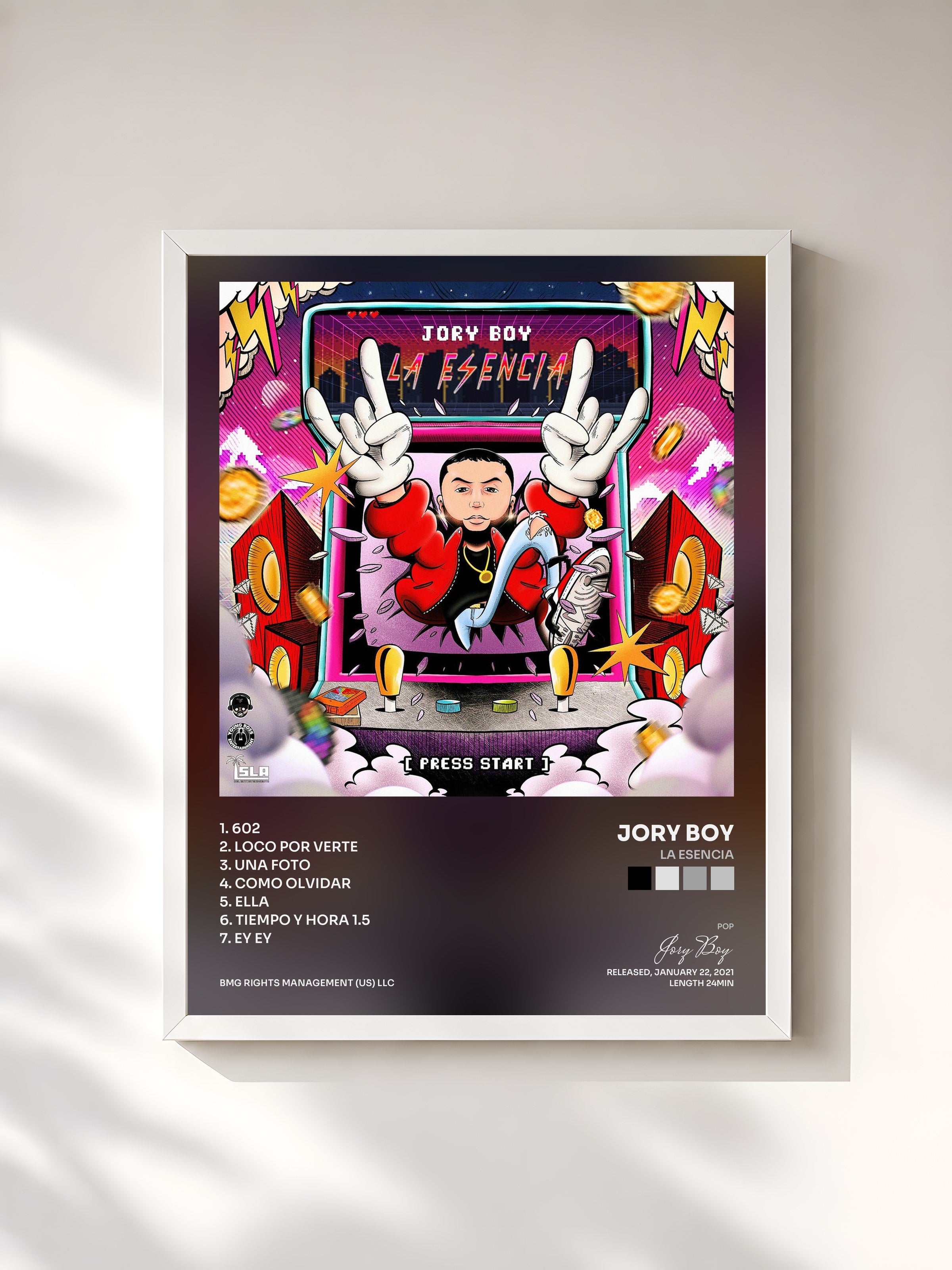#blanc Tableau de l'album La Esencia de Jory Boy, cadre blanc, imprimé et encadré en France