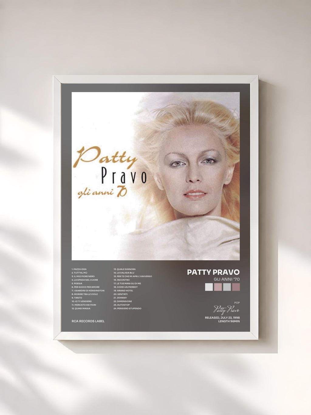 #blanc Gli Anni '70 by Patty Pravo as a framed art print, white frame, printed and framed in France