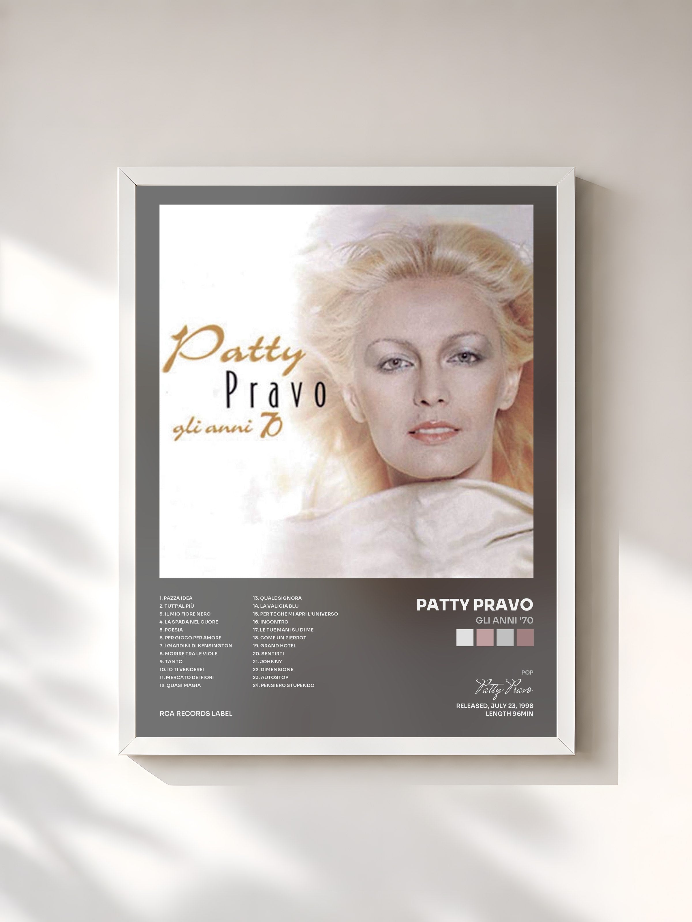 #blanc Tableau de l'album Gli Anni '70 de Patty Pravo, cadre blanc, imprimé et encadré en France
