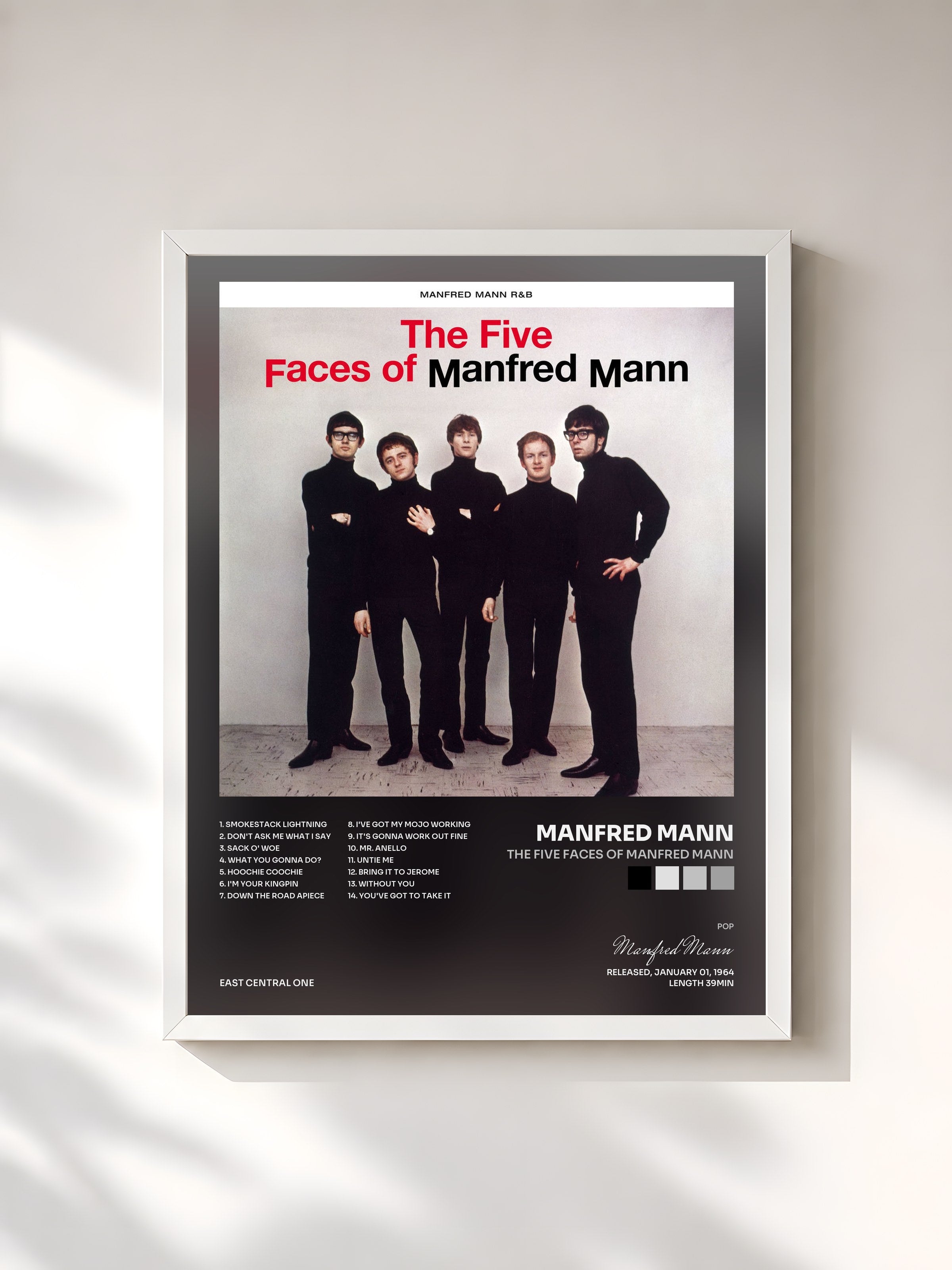 #blanc Tableau de l'album The Five Faces of Manfred Mann de Manfred Mann, cadre blanc, imprimé et encadré en France