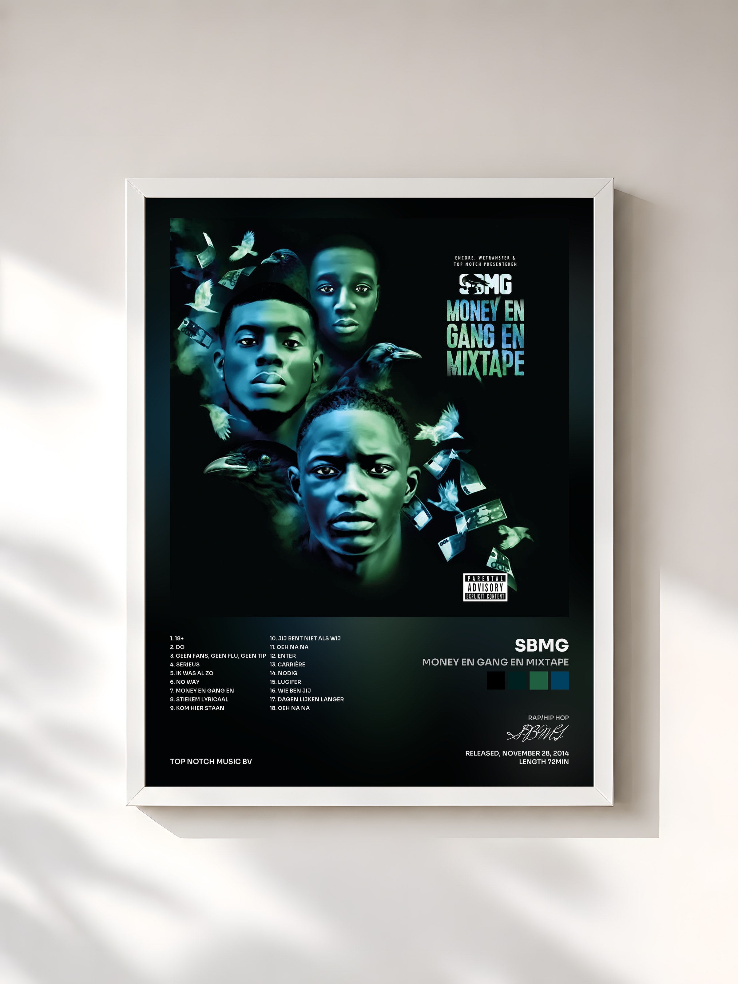 #blanc Tableau de l'album Money En Gang En Mixtape de SBMG, cadre blanc, imprimé et encadré en France