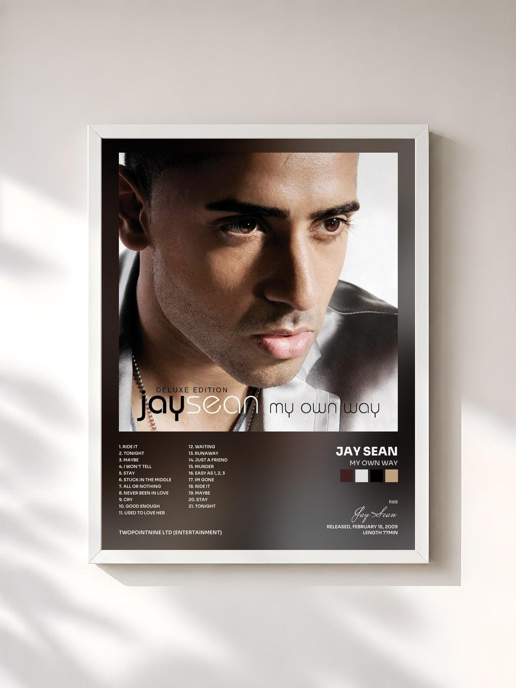 #blanc Tableau de l'album My Own Way de Jay Sean, cadre blanc, imprimé et encadré en France