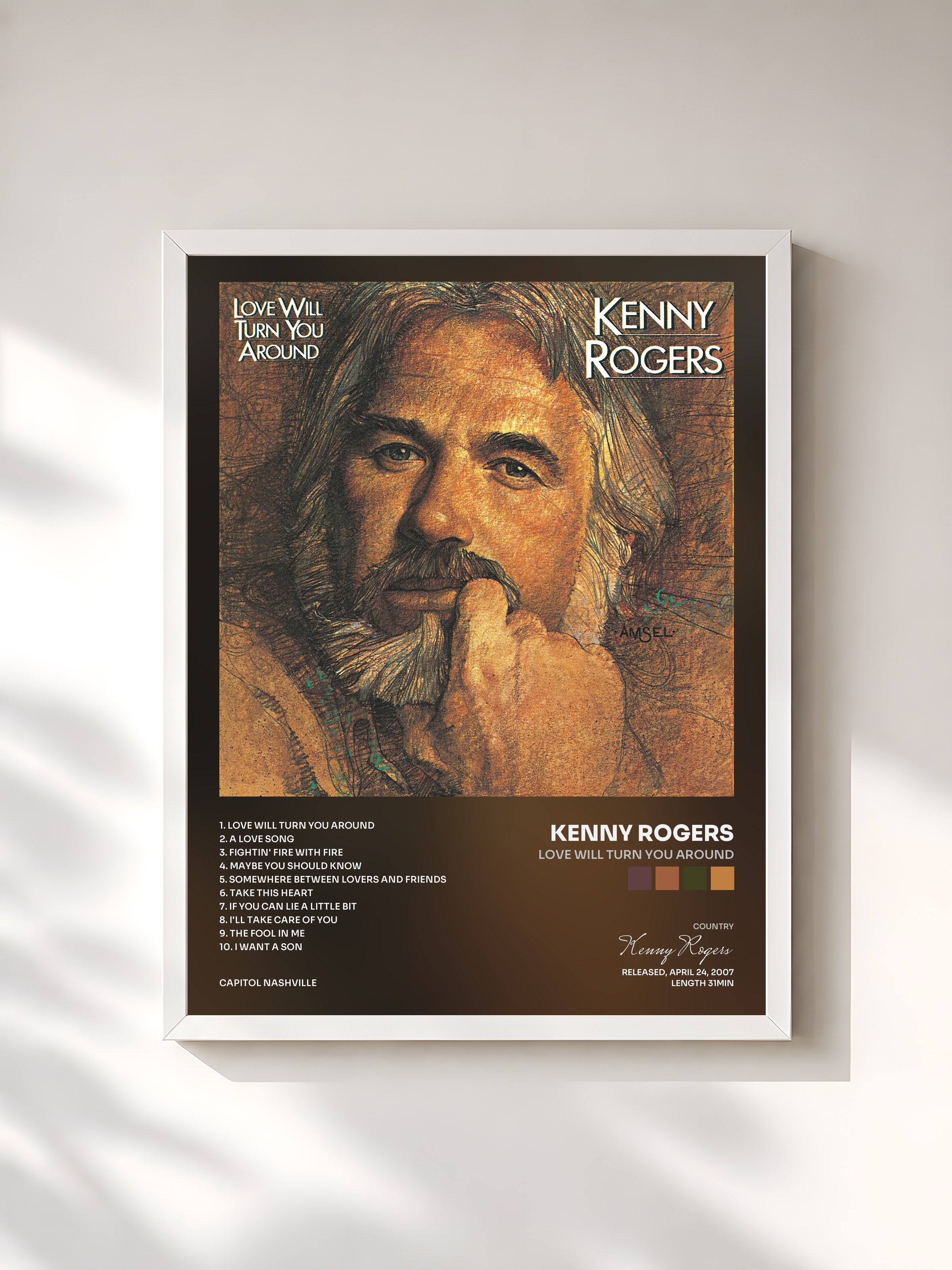 #blanc Tableau de l'album Love Will Turn You Around de Kenny Rogers, cadre blanc, imprimé et encadré en France