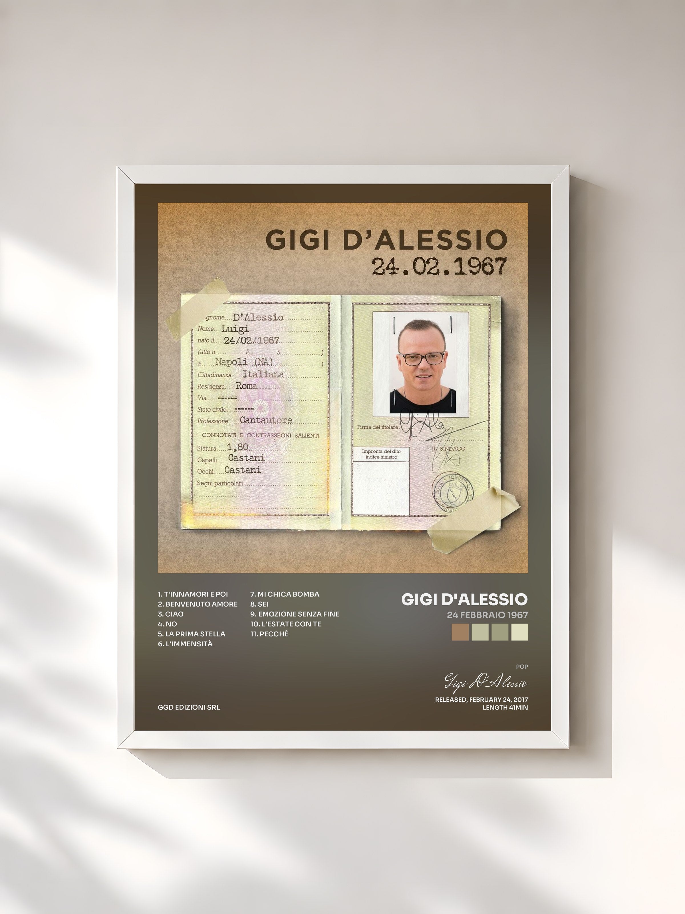 #blanc Tableau de l'album 24 febbraio 1967 de Gigi D'Alessio, cadre blanc, imprimé et encadré en France