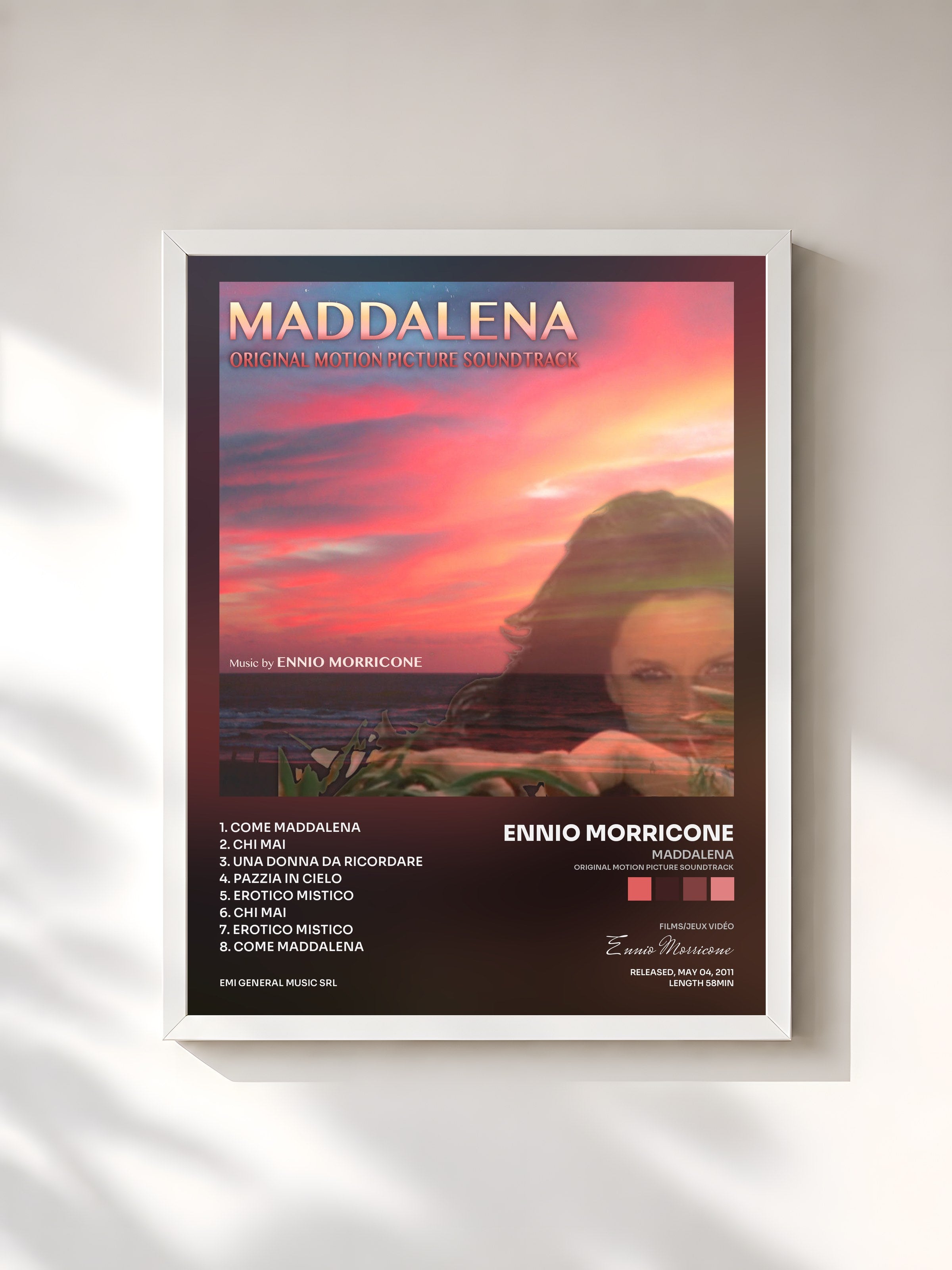 #blanc Tableau de l'album Maddalena (Original Motion Picture Soundtrack) de Ennio Morricone, cadre blanc, imprimé et encadré en France
