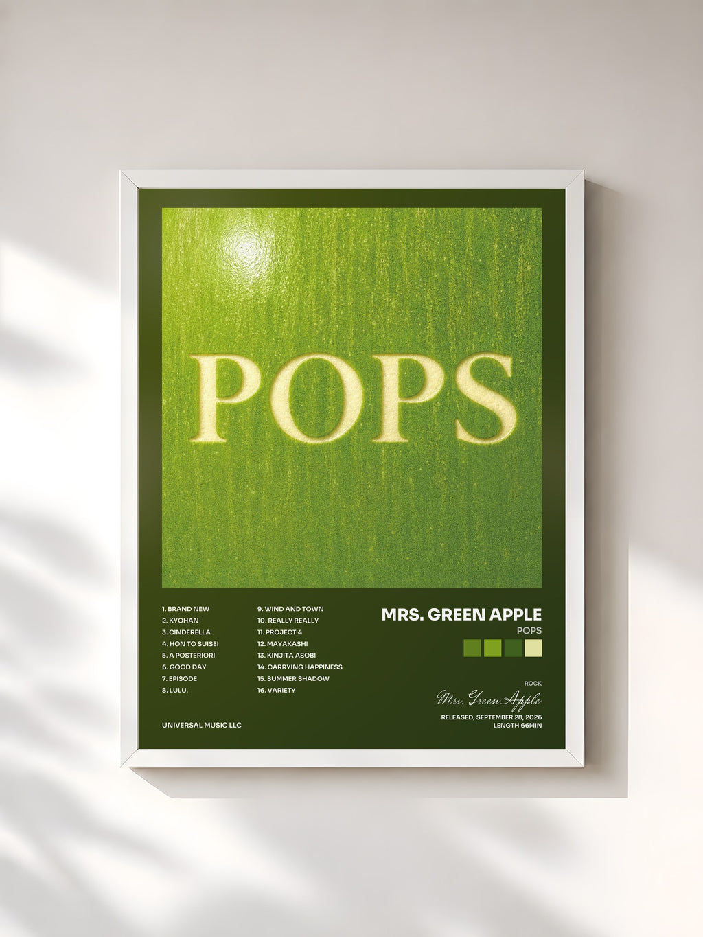 #blanc Tableau de l'album POPS de Mrs. Green Apple, cadre blanc, imprimé et encadré en France