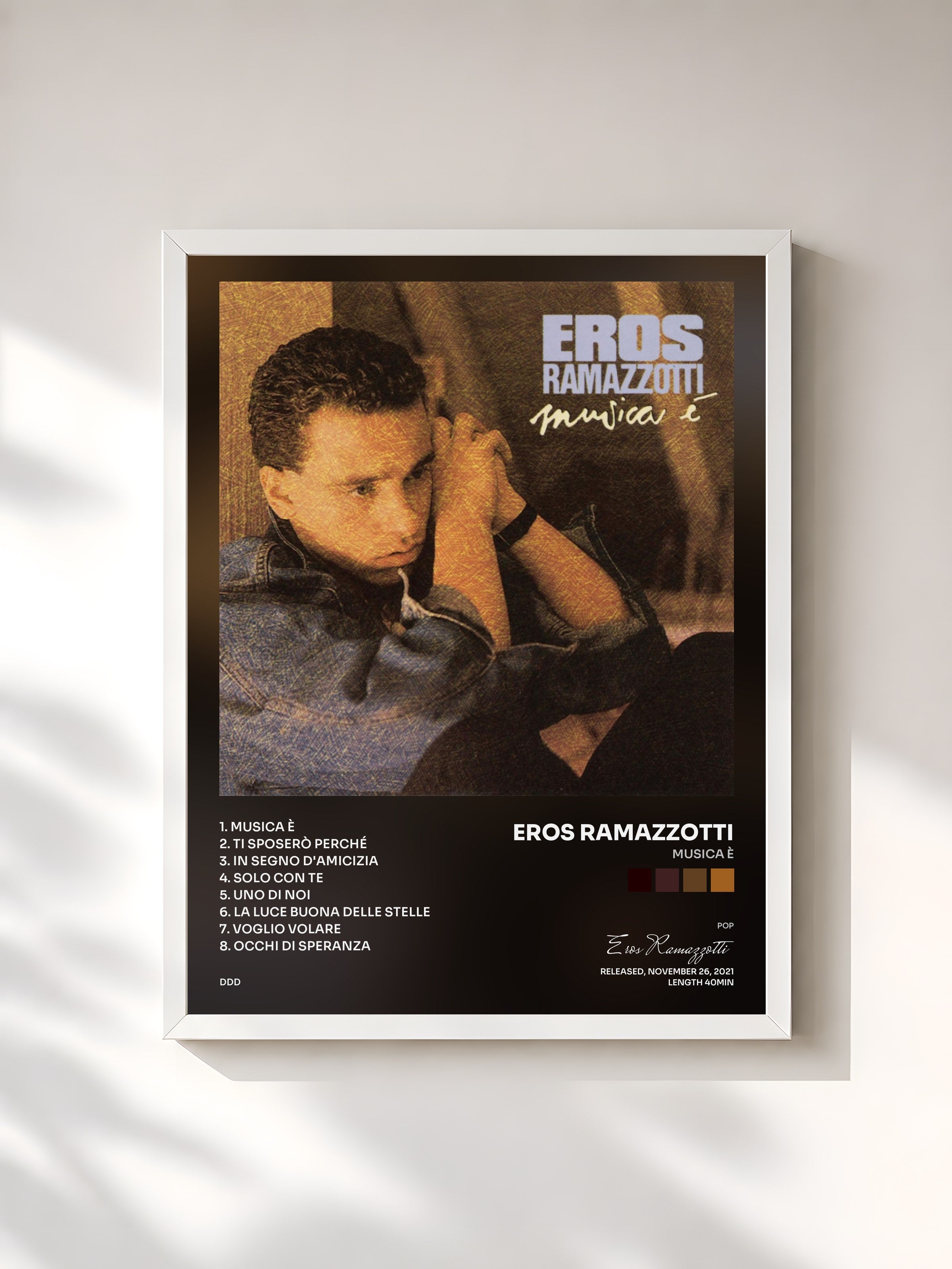 #blanc Tableau de l'album Musica è de Eros Ramazzotti, cadre blanc, imprimé et encadré en France