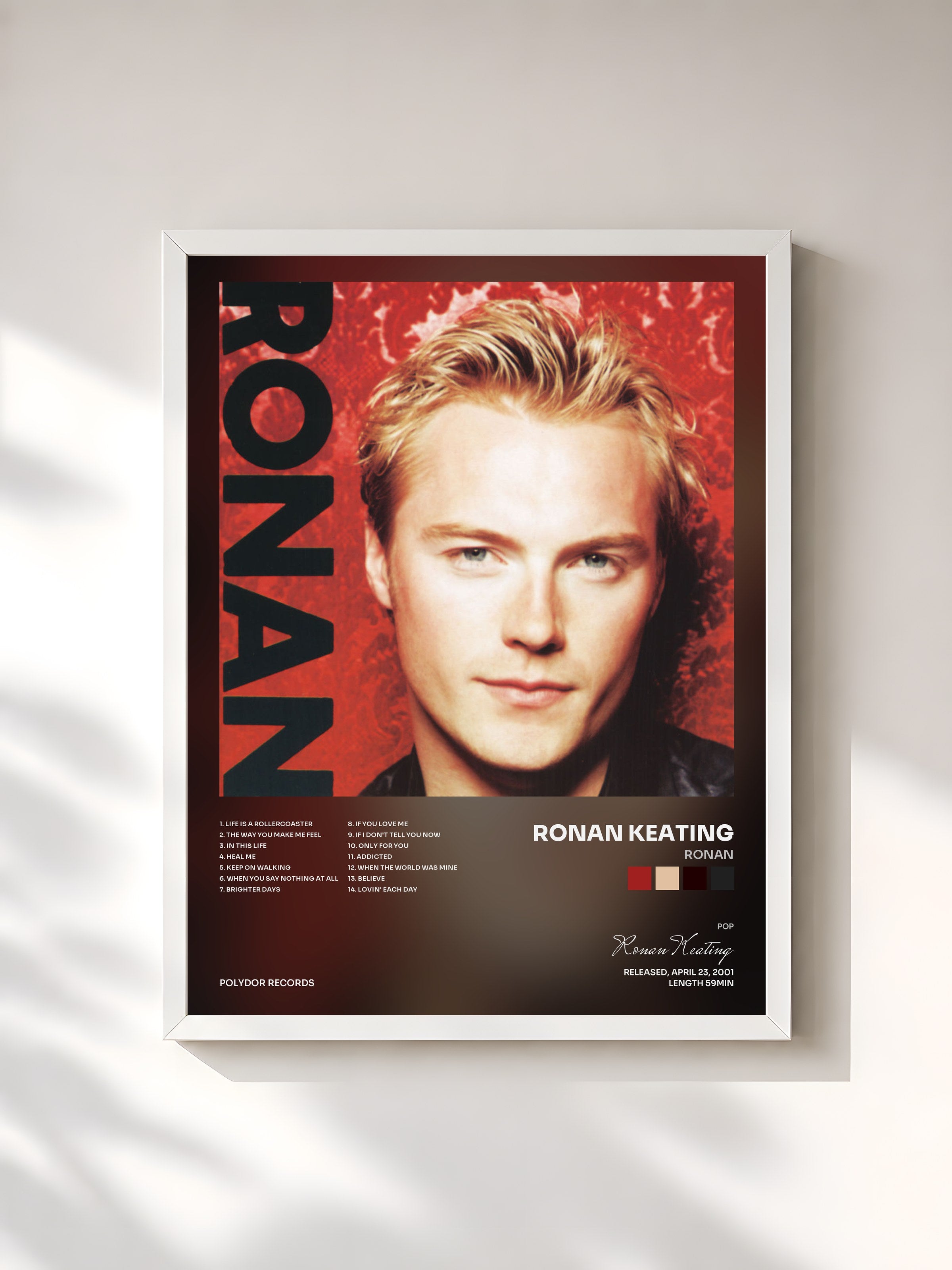 #blanc Tableau de l'album Ronan de Ronan Keating, cadre blanc, imprimé et encadré en France