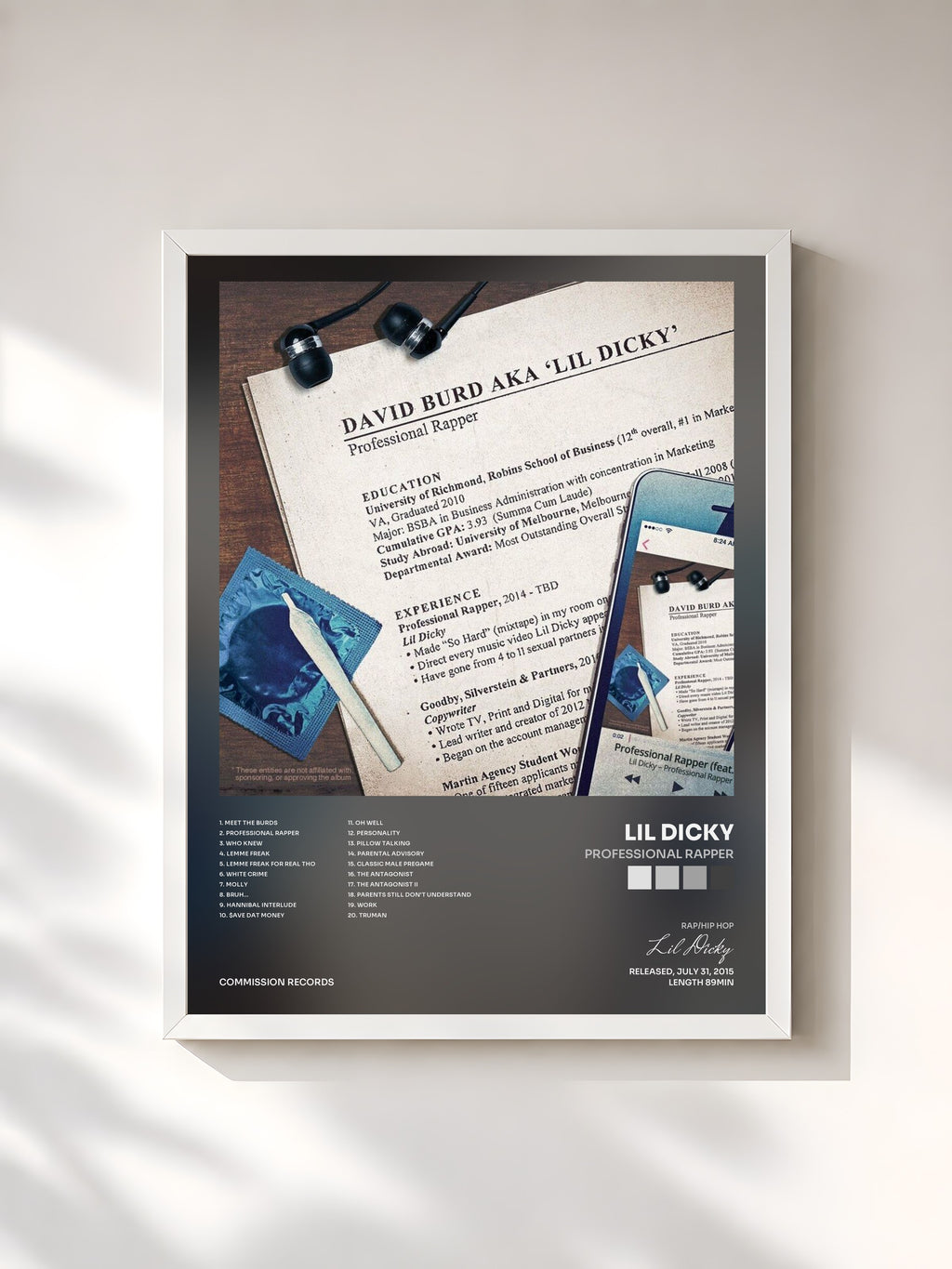 #blanc Tableau de l'album Professional Rapper de Lil Dicky, cadre blanc, imprimé et encadré en France