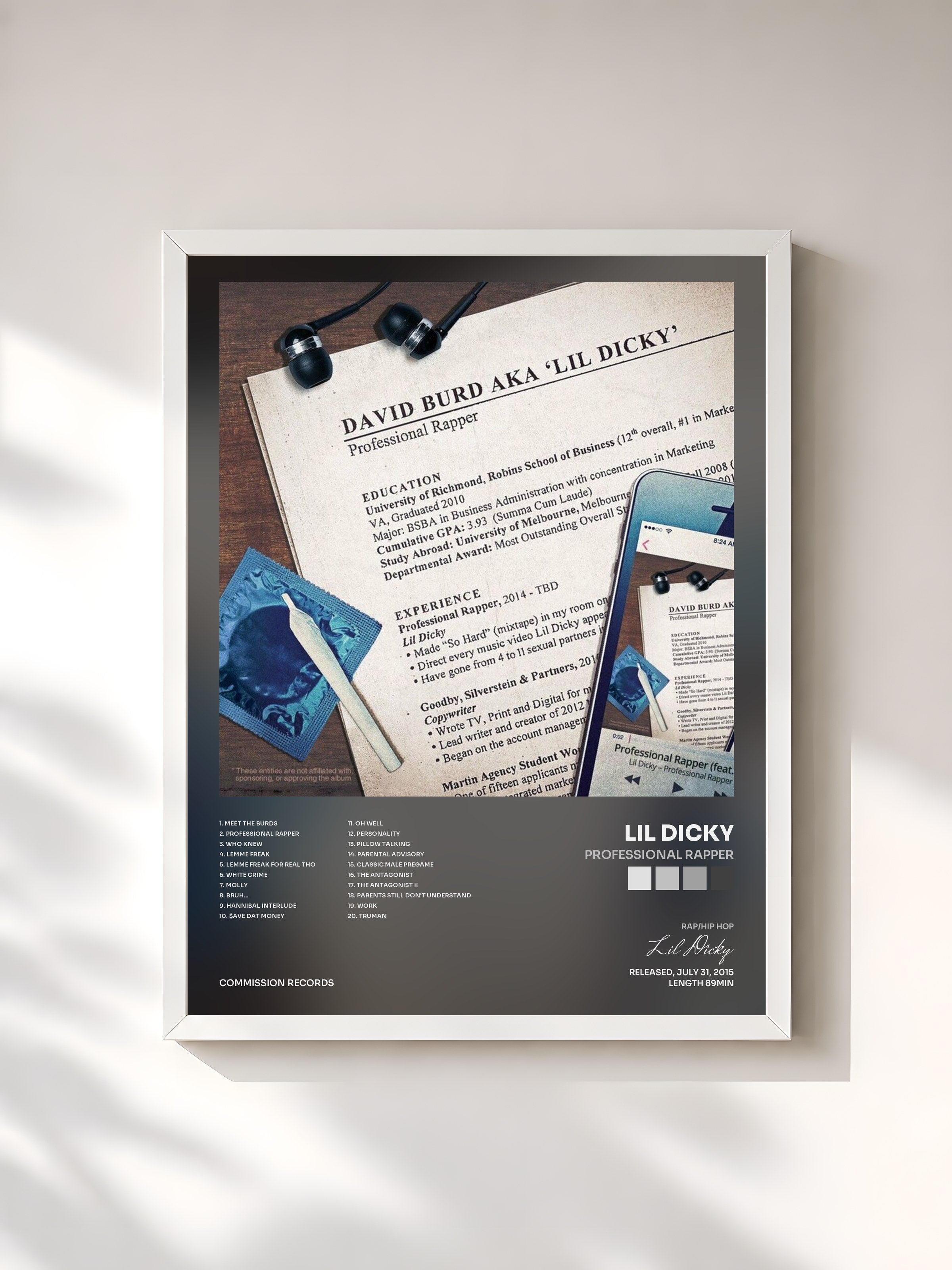 #blanc Tableau de l'album Professional Rapper de Lil Dicky, cadre blanc, imprimé et encadré en France